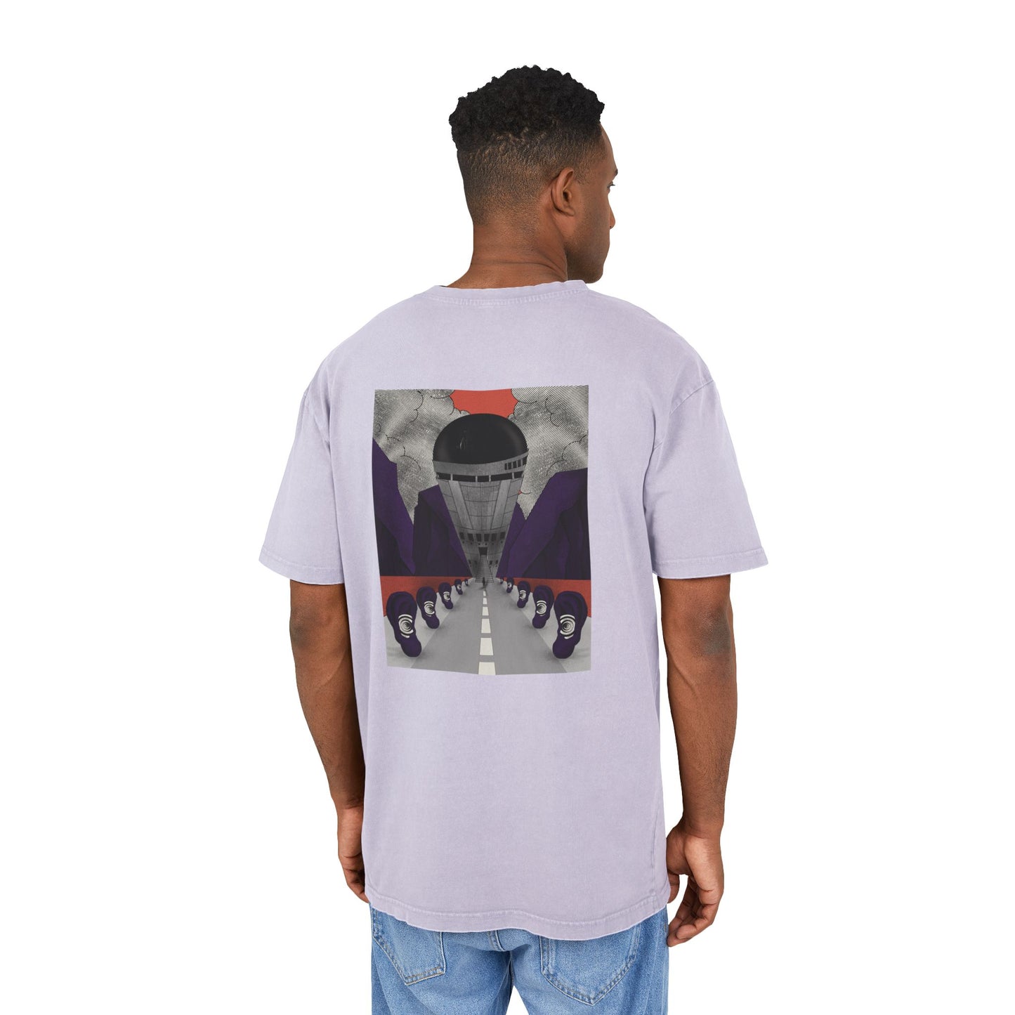 Oversized acid wash T-shirt with retro-futurist psychedelic print, unisex streetwear, handmade artistic design.