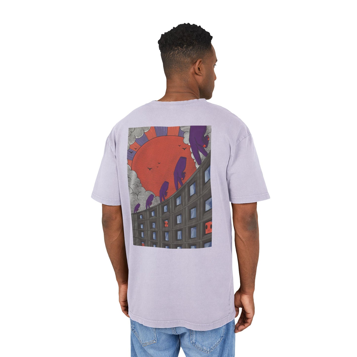 Oversized T-shirt with handcrafted surrealist graphic print on cotton fabric.