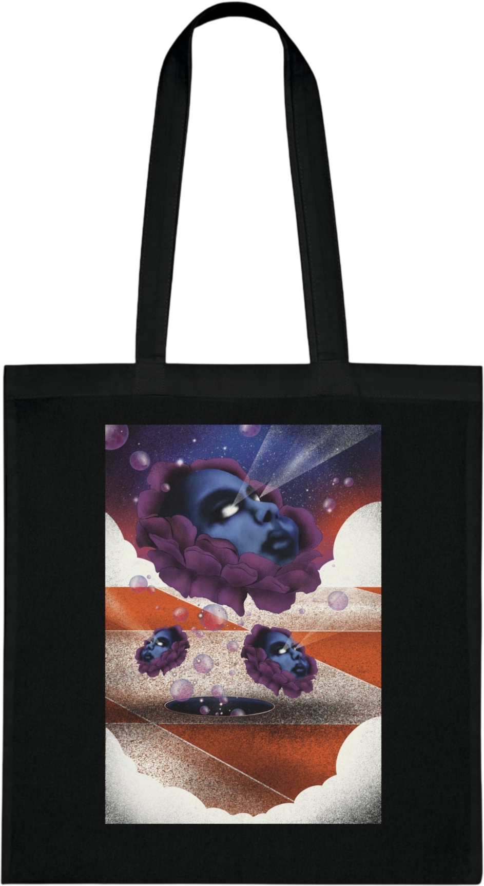 Tote bag with abstract surreal graphic print, featuring imaginative and artistic design.