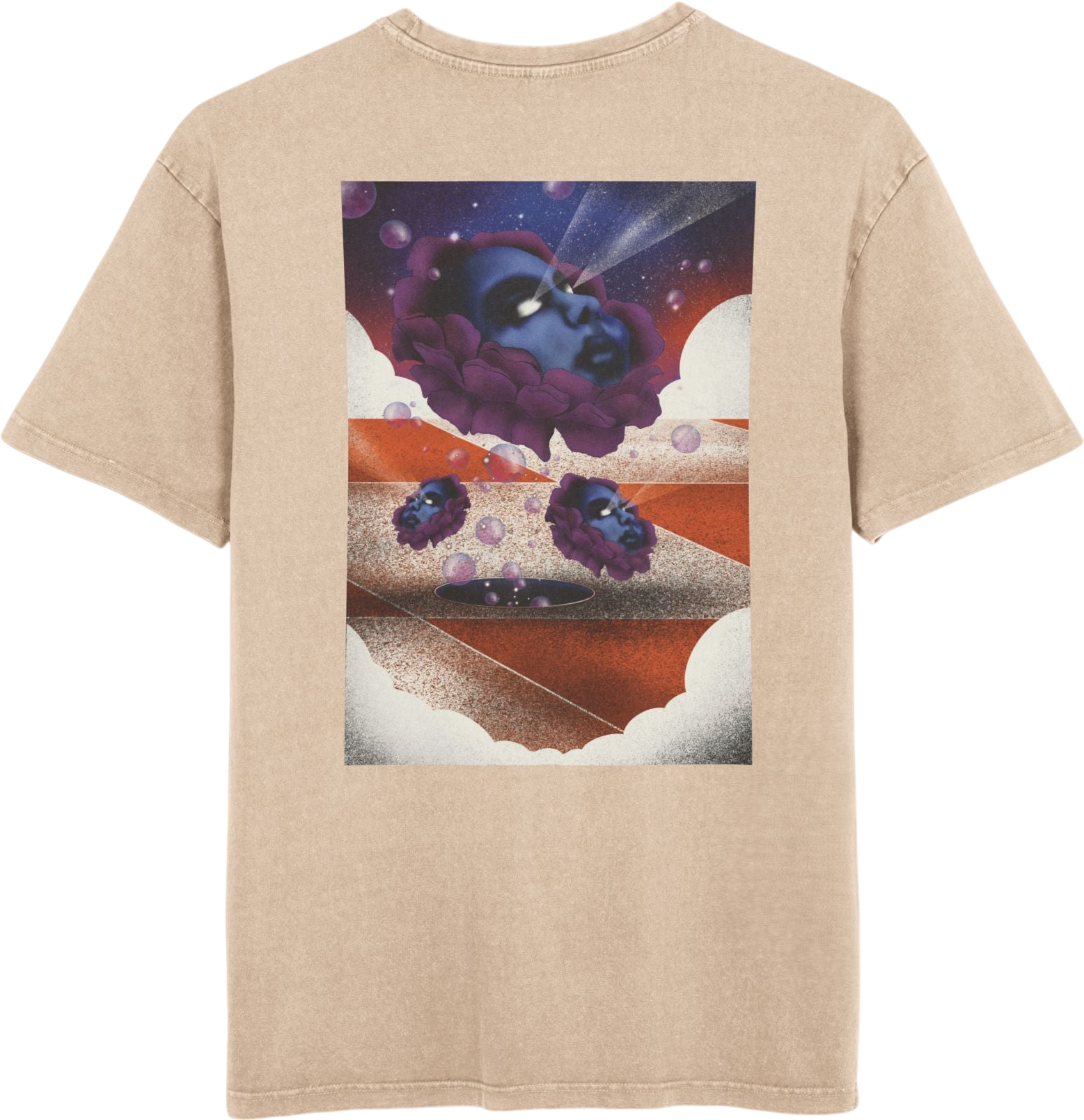Oversized T-shirt with original surrealist graphic print, featuring bold artistic imagery and a relaxed streetwear fit, designed by the artist for a unique and eye-catching look.