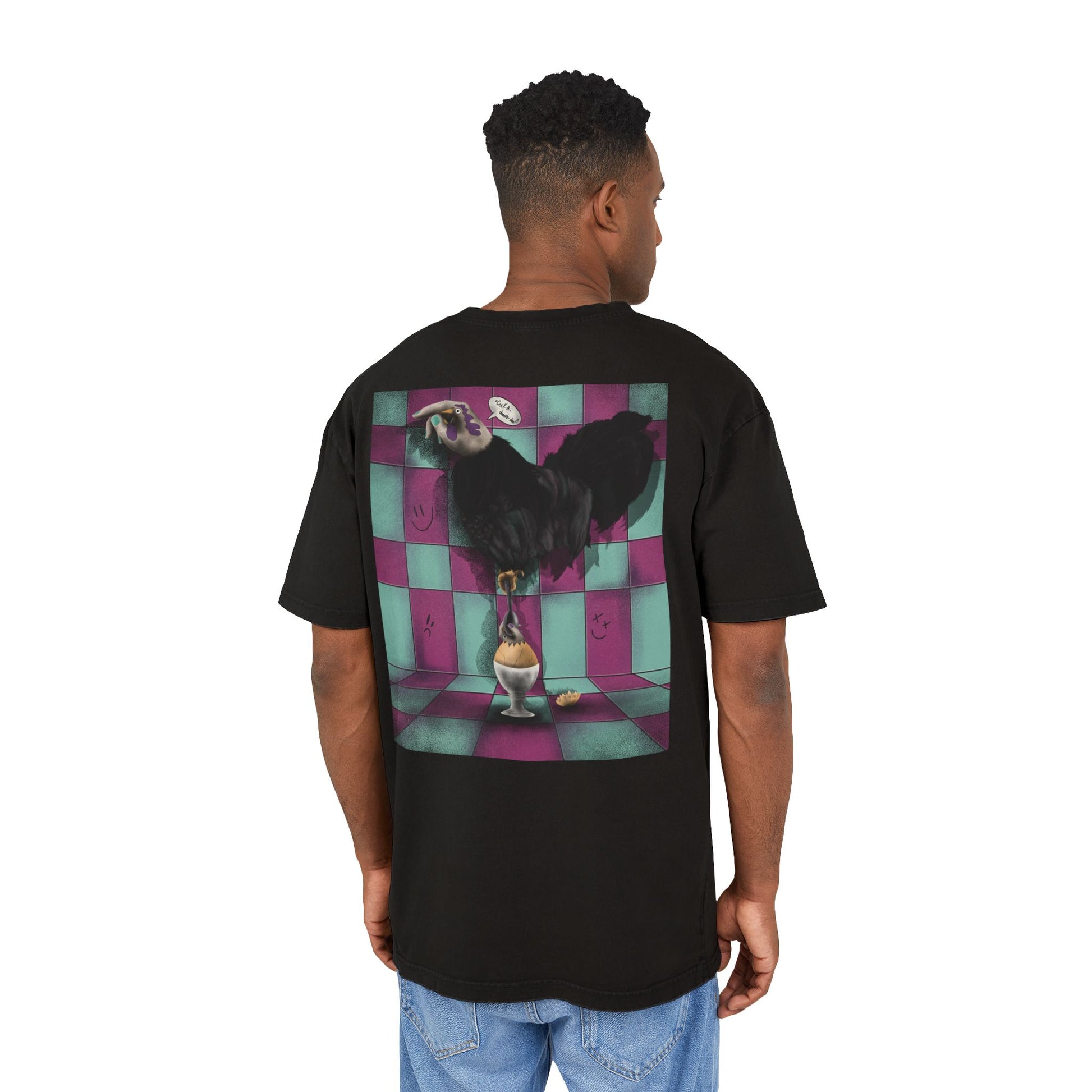 Oversized T-shirt with original surrealist graphic print, featuring bold artistic imagery and a relaxed streetwear fit, designed by the artist for a unique and eye-catching look