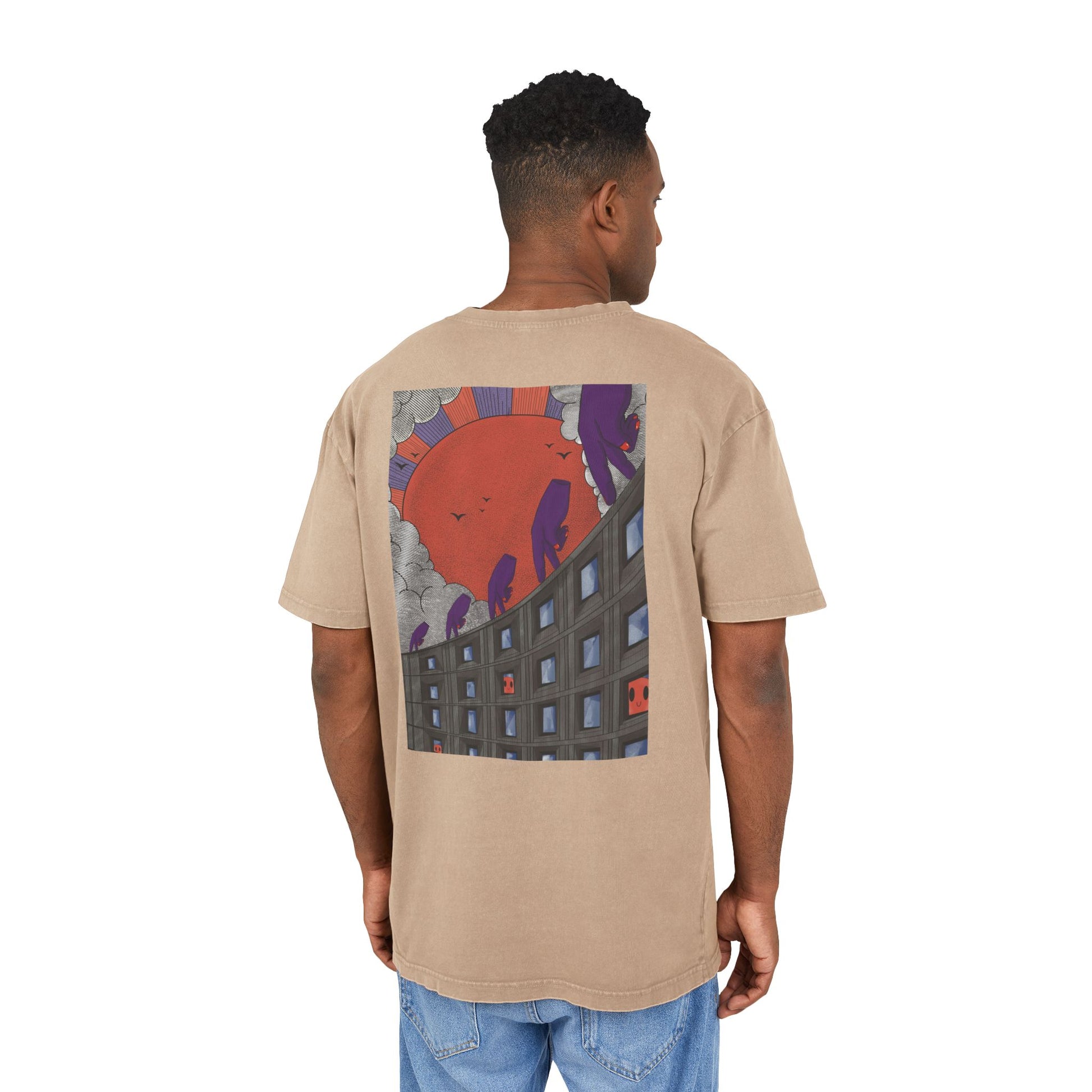 Oversized T-shirt with handcrafted surrealist graphic print on cotton fabric.