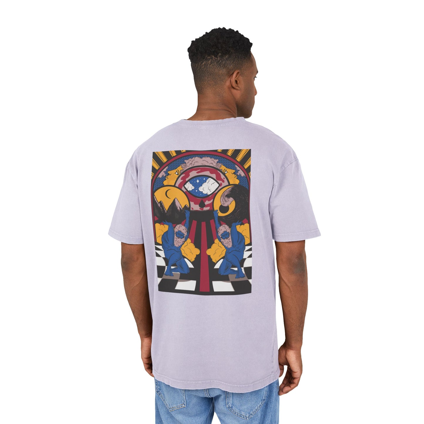 Oversized cotton T-shirt featuring an artisanal surrealist illustration.