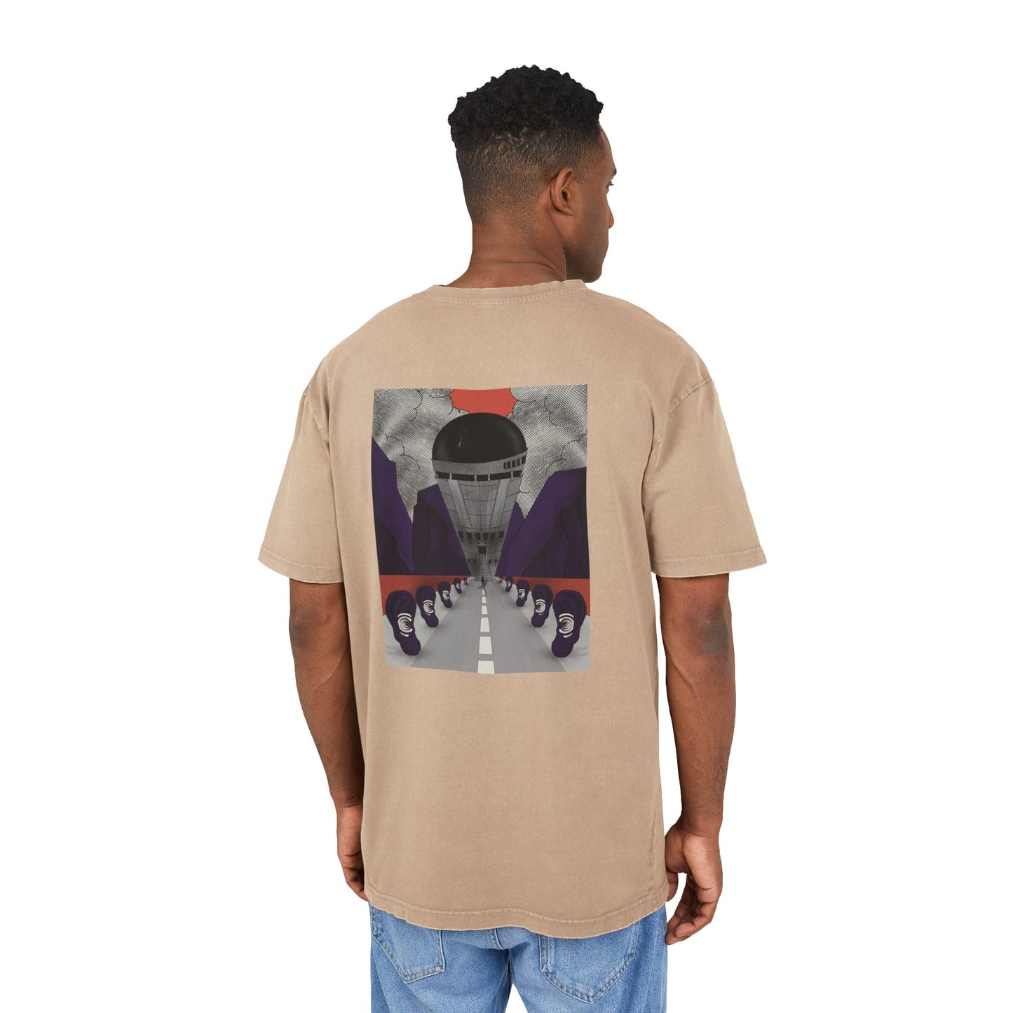 Oversized acid wash T-shirt with retro-futurist psychedelic print, unisex streetwear, handmade artistic design.