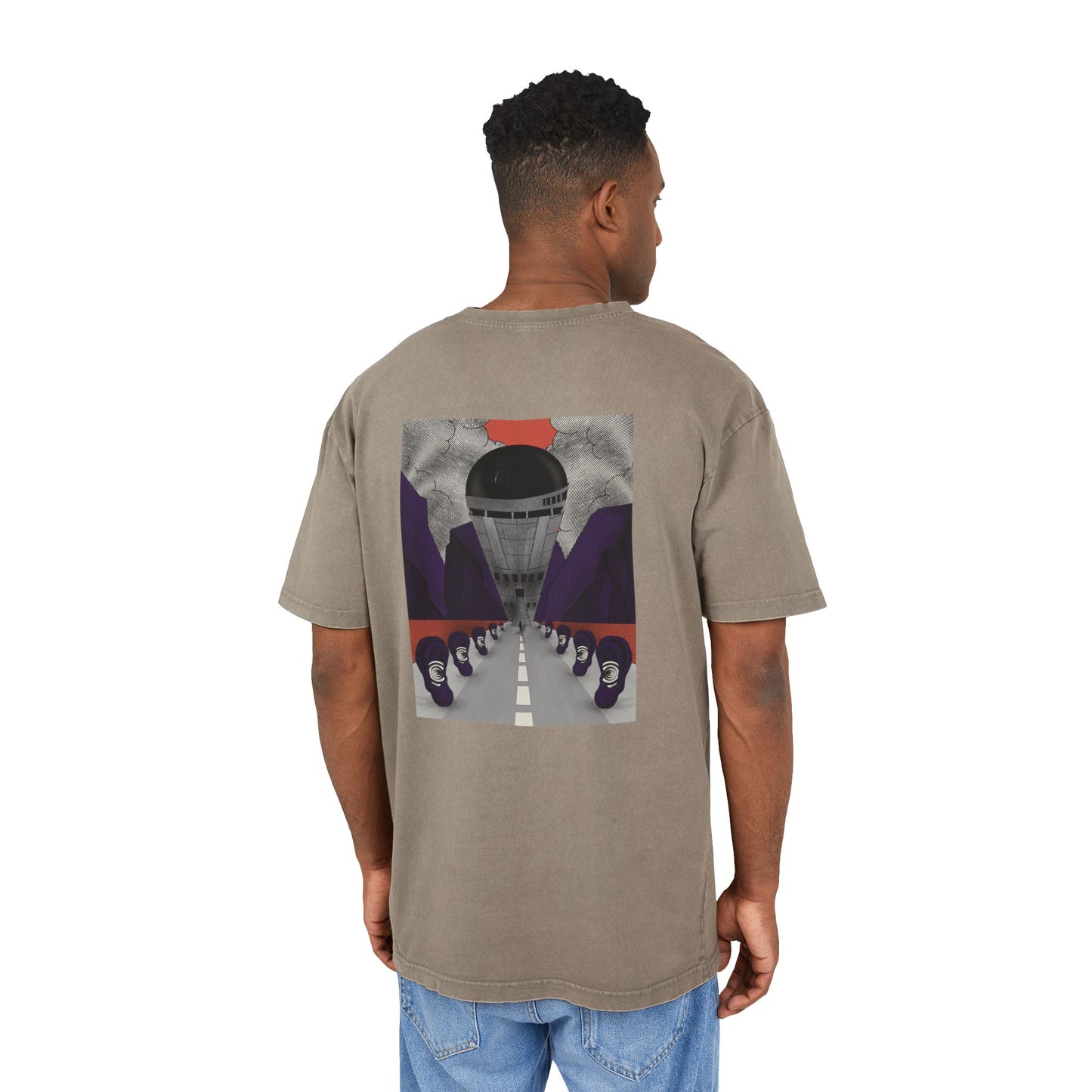 Oversized acid wash T-shirt with retro-futurist psychedelic print, unisex streetwear, handmade artistic design.