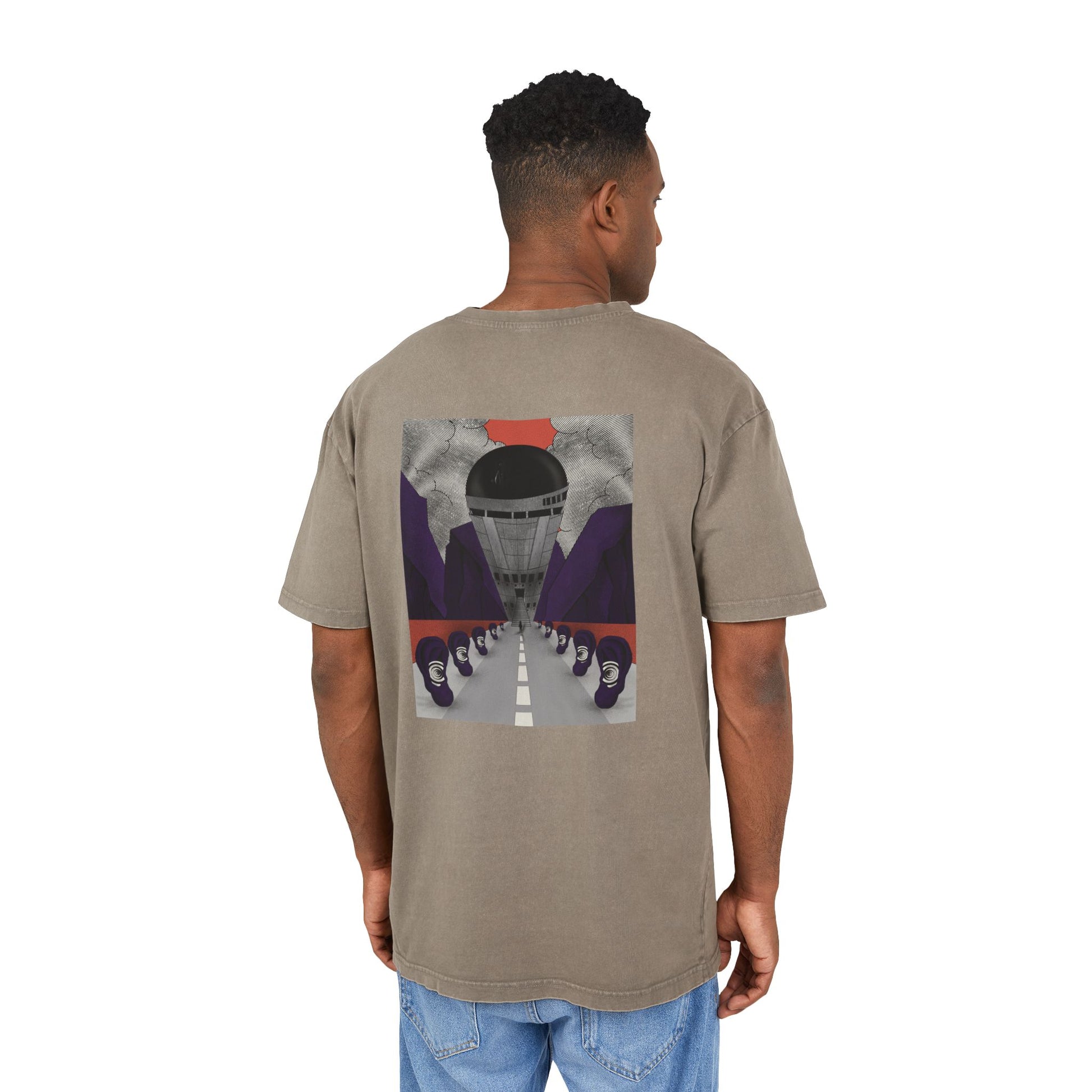 Oversized acid wash T-shirt with retro-futurist psychedelic print, unisex streetwear, handmade artistic design.
