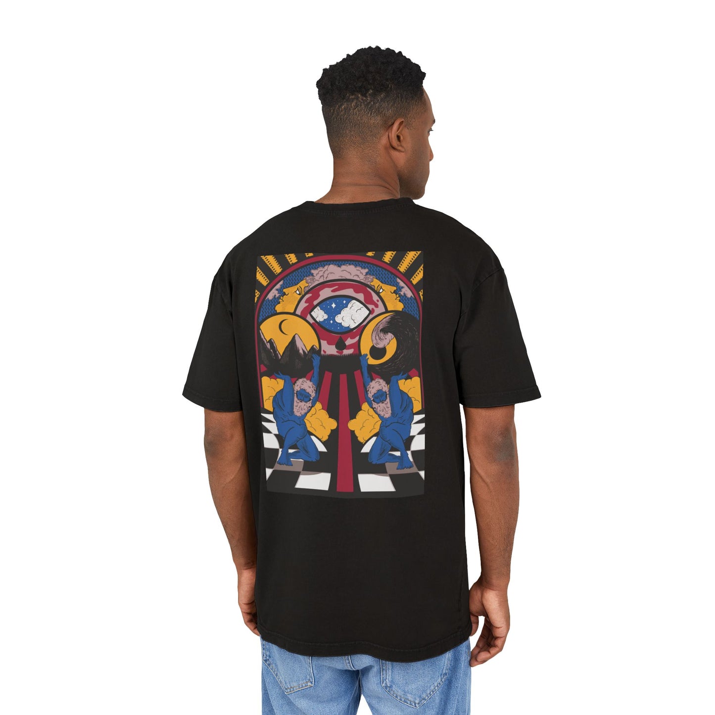 Detail of the surrealist graphic print on oversized T-shirt
