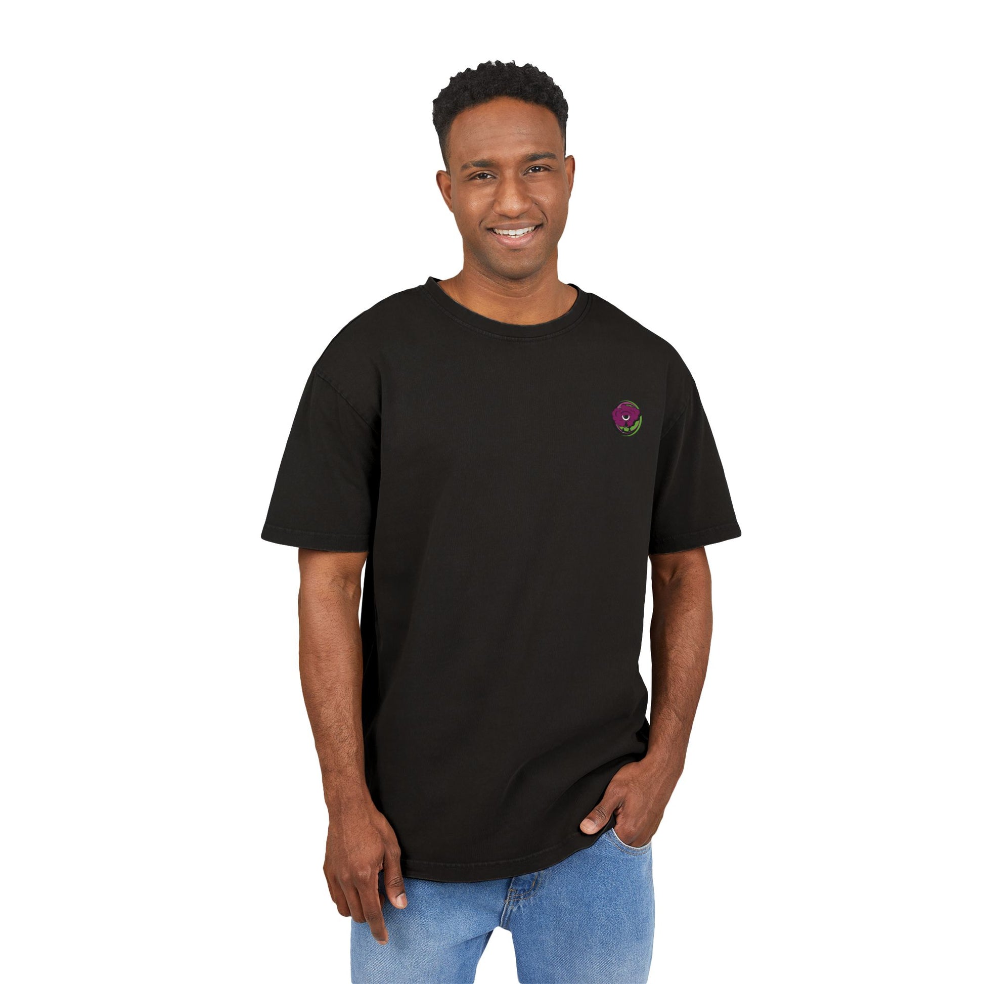 Oversized acid wash T-shirt with retro-futurist psychedelic print, unisex streetwear, handmade artistic design.