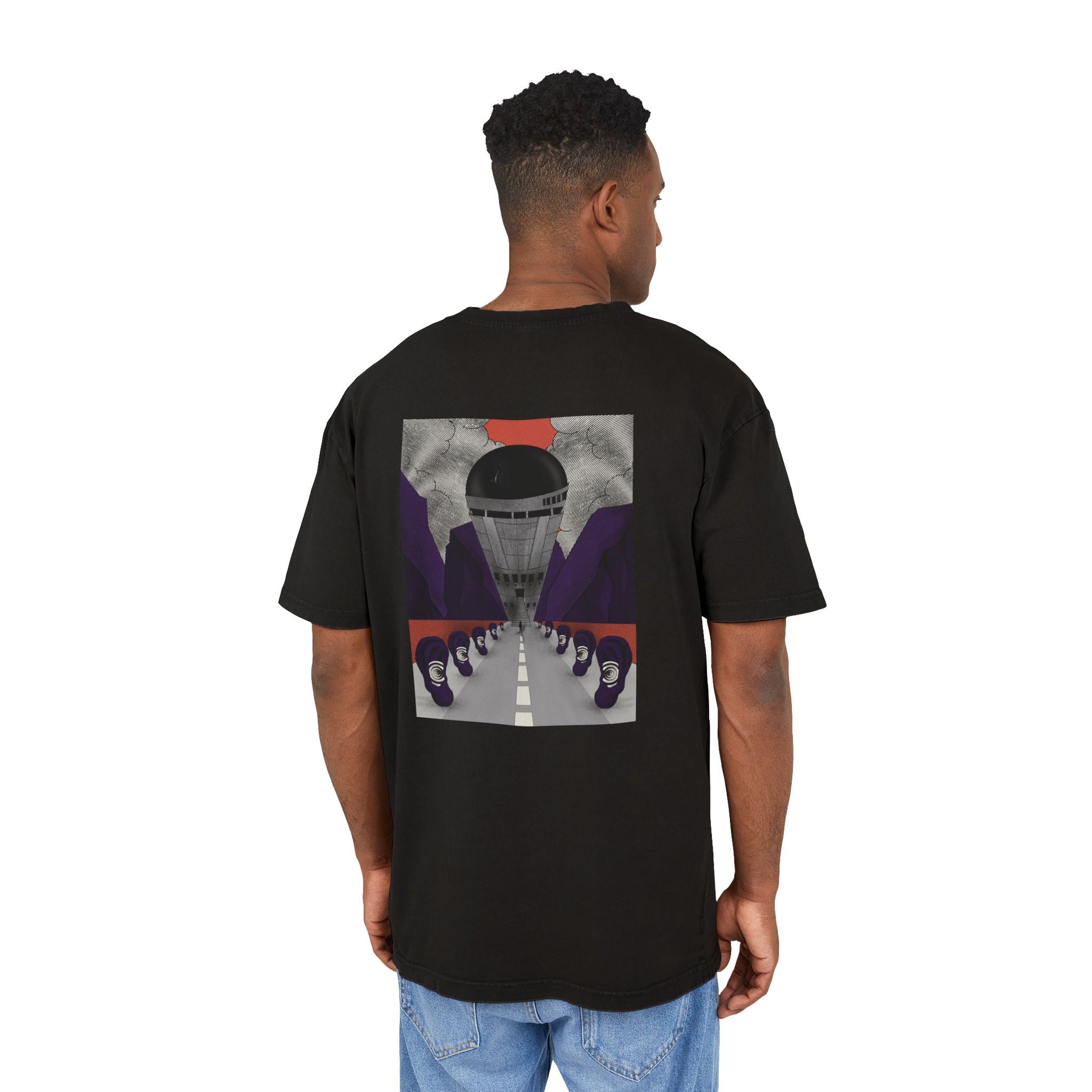 Oversized acid wash T-shirt with retro-futurist psychedelic print, unisex streetwear, handmade artistic design.