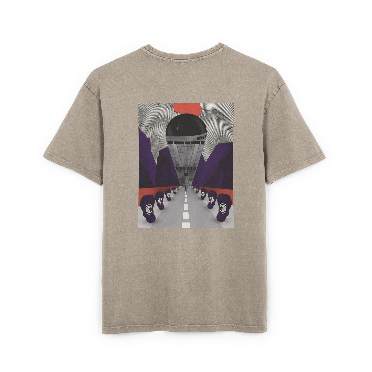 Oversized acid wash T-shirt with retro-futurist psychedelic print, unisex streetwear, handmade artistic design.
