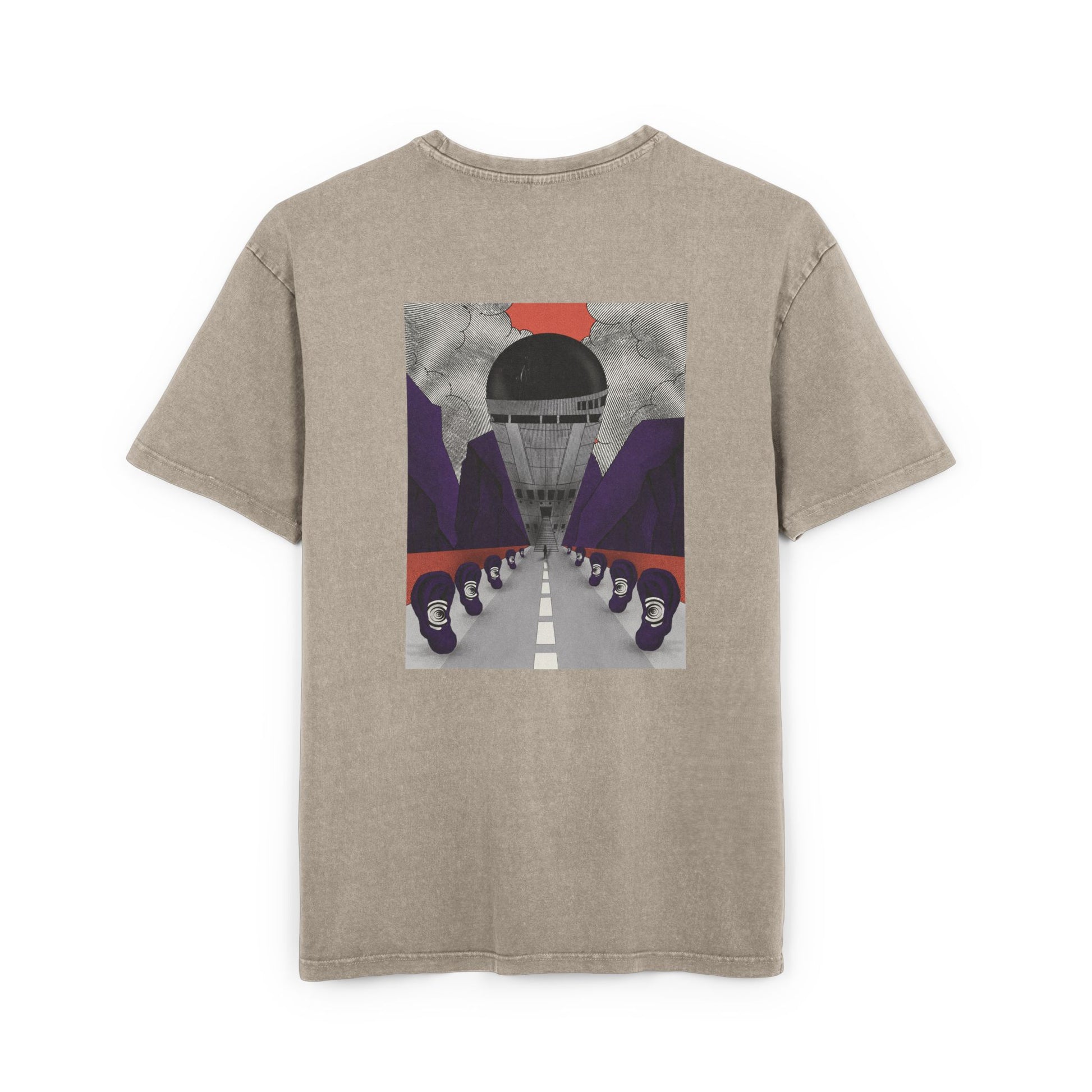 Oversized acid wash T-shirt with retro-futurist psychedelic print, unisex streetwear, handmade artistic design.