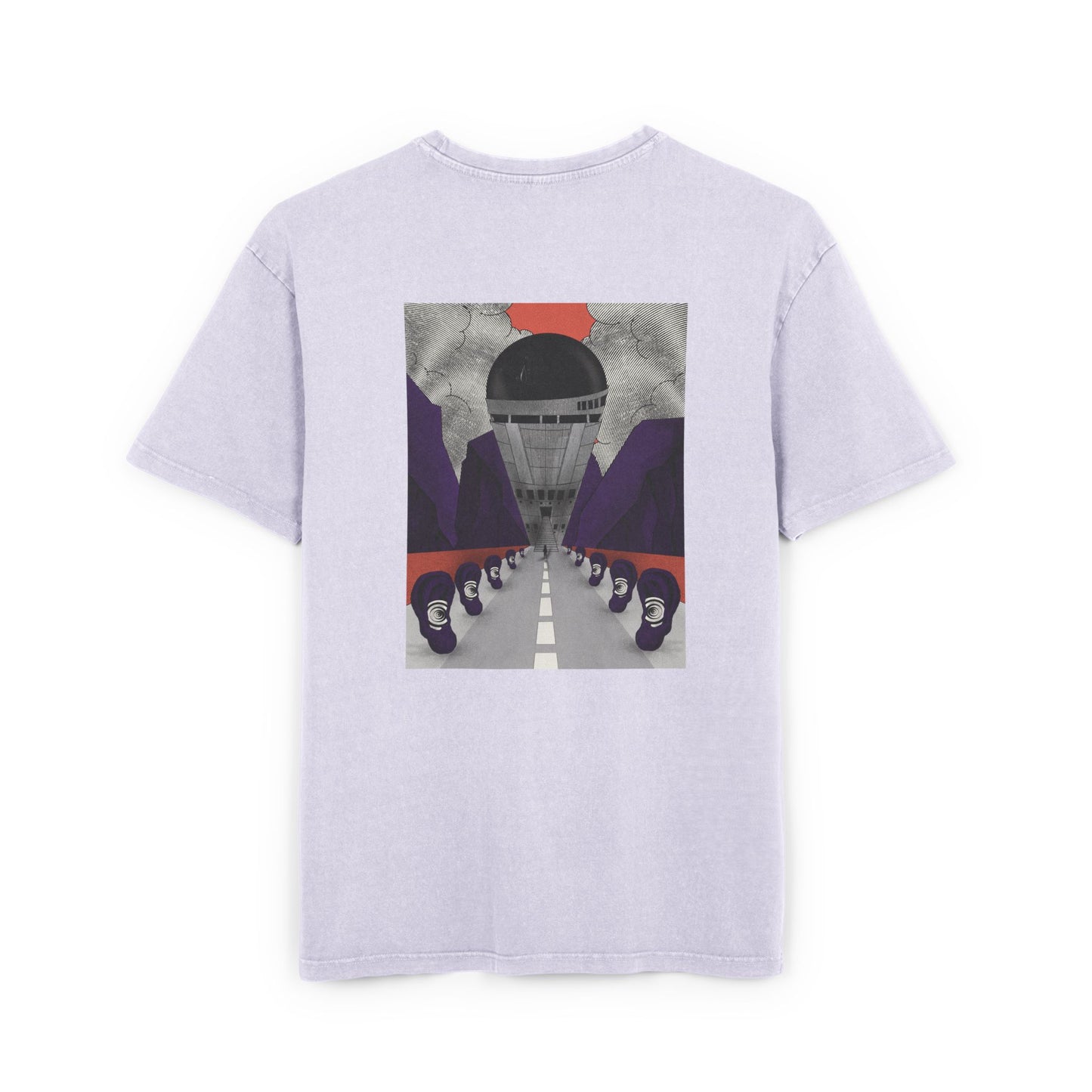 Oversized acid wash T-shirt with retro-futurist psychedelic print, unisex streetwear, handmade artistic design.