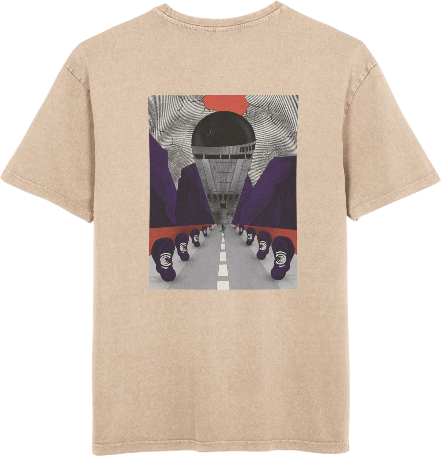 Oversized acid wash T-shirt with retro-futurist psychedelic print, unisex streetwear, handmade artistic design.