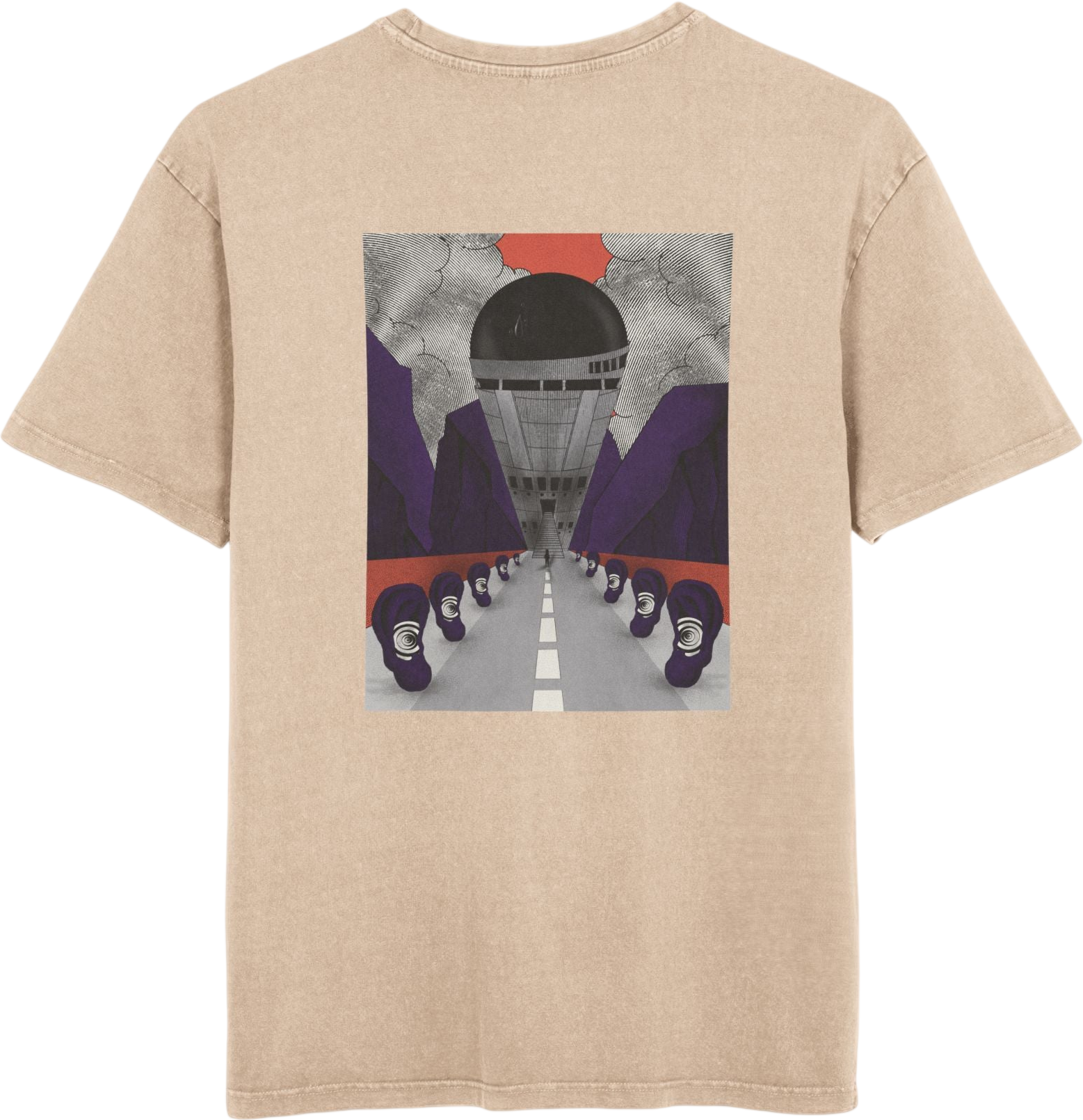 Oversized acid wash T-shirt with retro-futurist psychedelic print, unisex streetwear, handmade artistic design.
