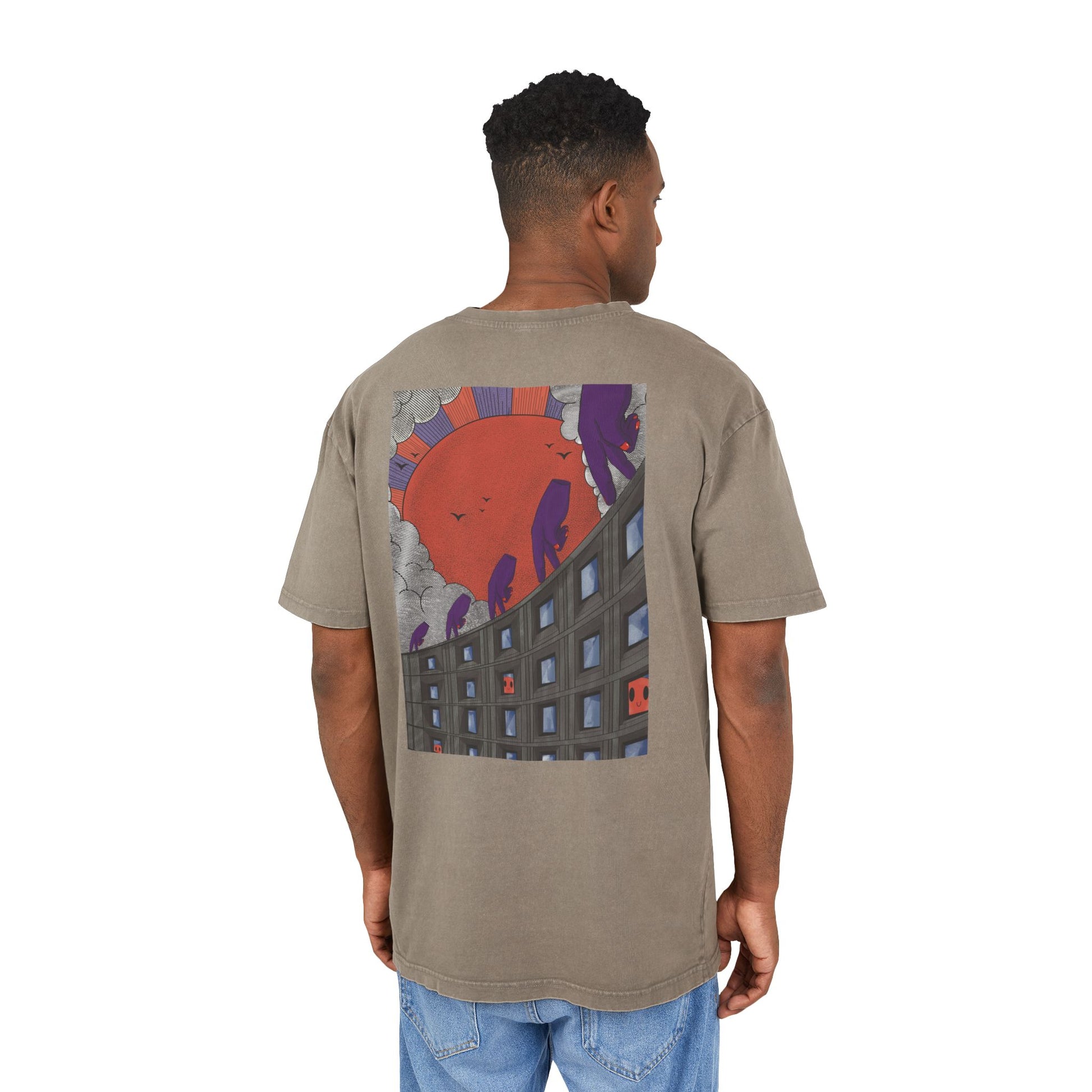 Oversized T-shirt with handcrafted surrealist graphic print on cotton fabric.