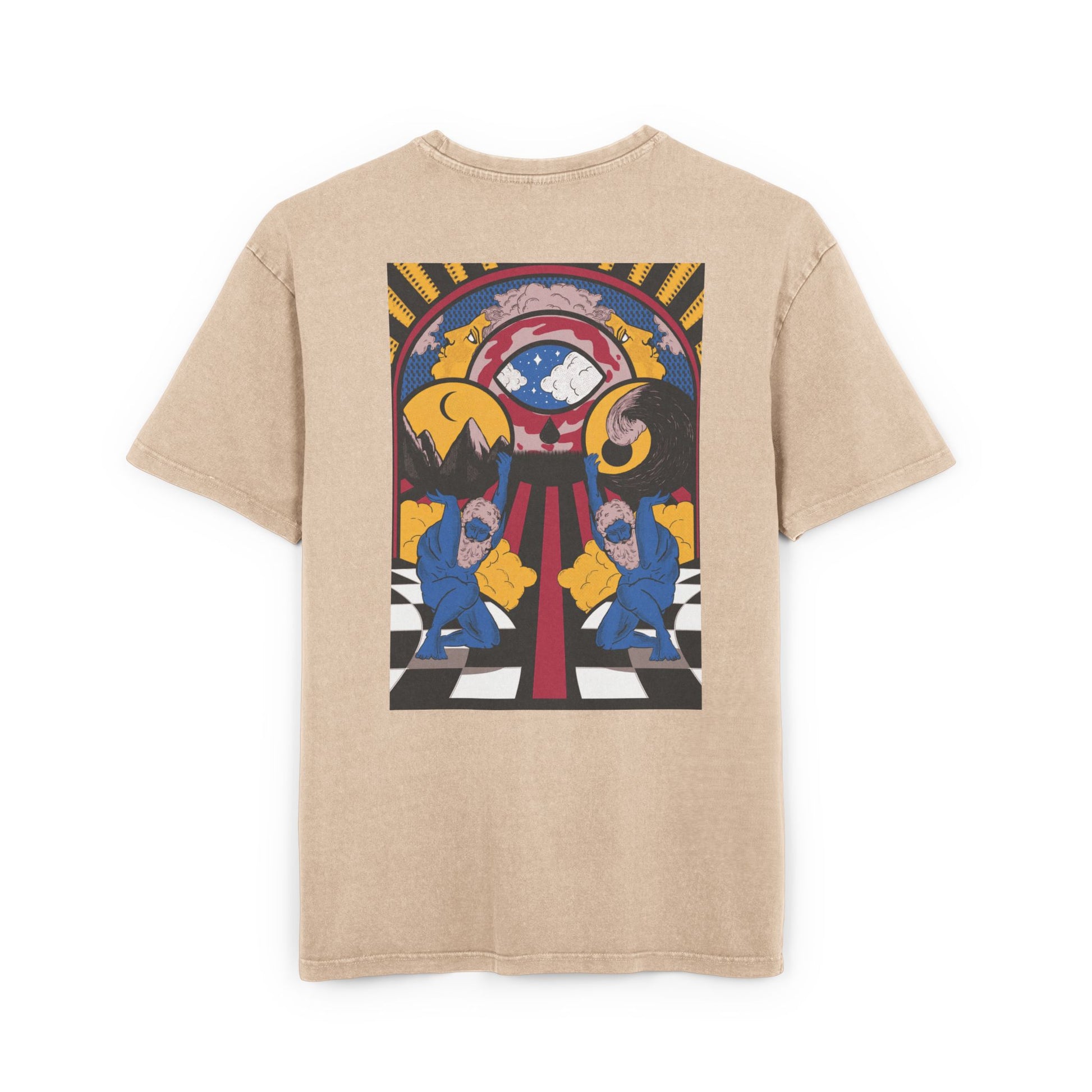 Detail of the surrealist graphic print on oversized T-shirt