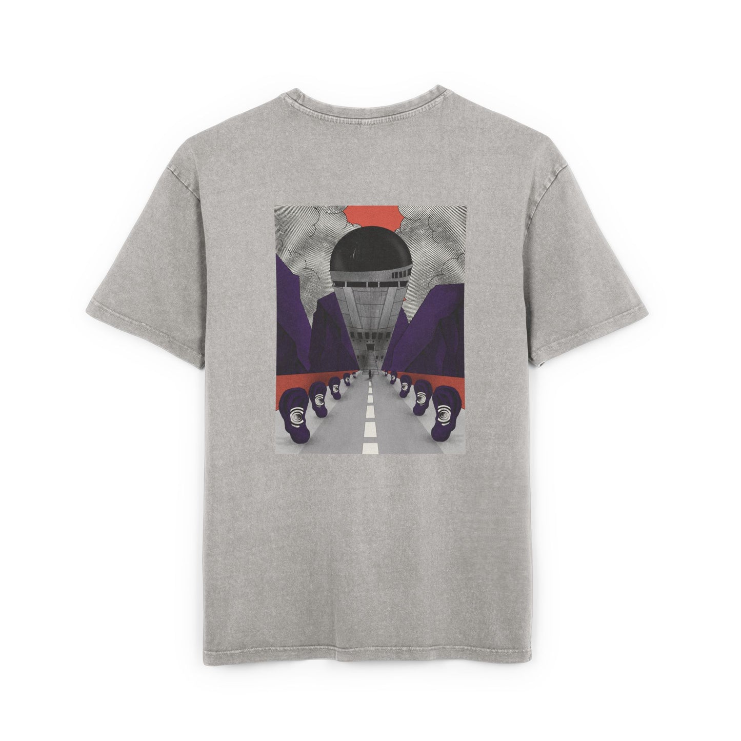 Oversized acid wash T-shirt with retro-futurist psychedelic print, unisex streetwear, handmade artistic design.