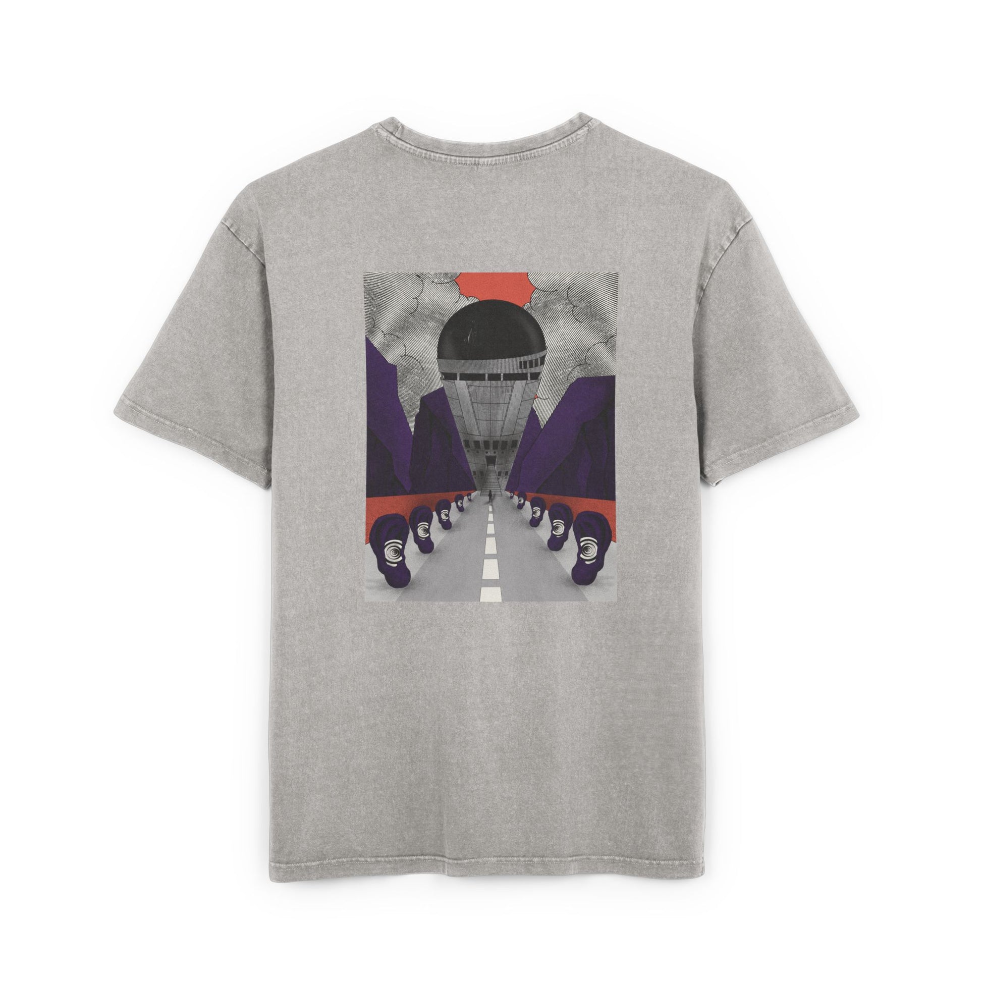 Oversized acid wash T-shirt with retro-futurist psychedelic print, unisex streetwear, handmade artistic design.