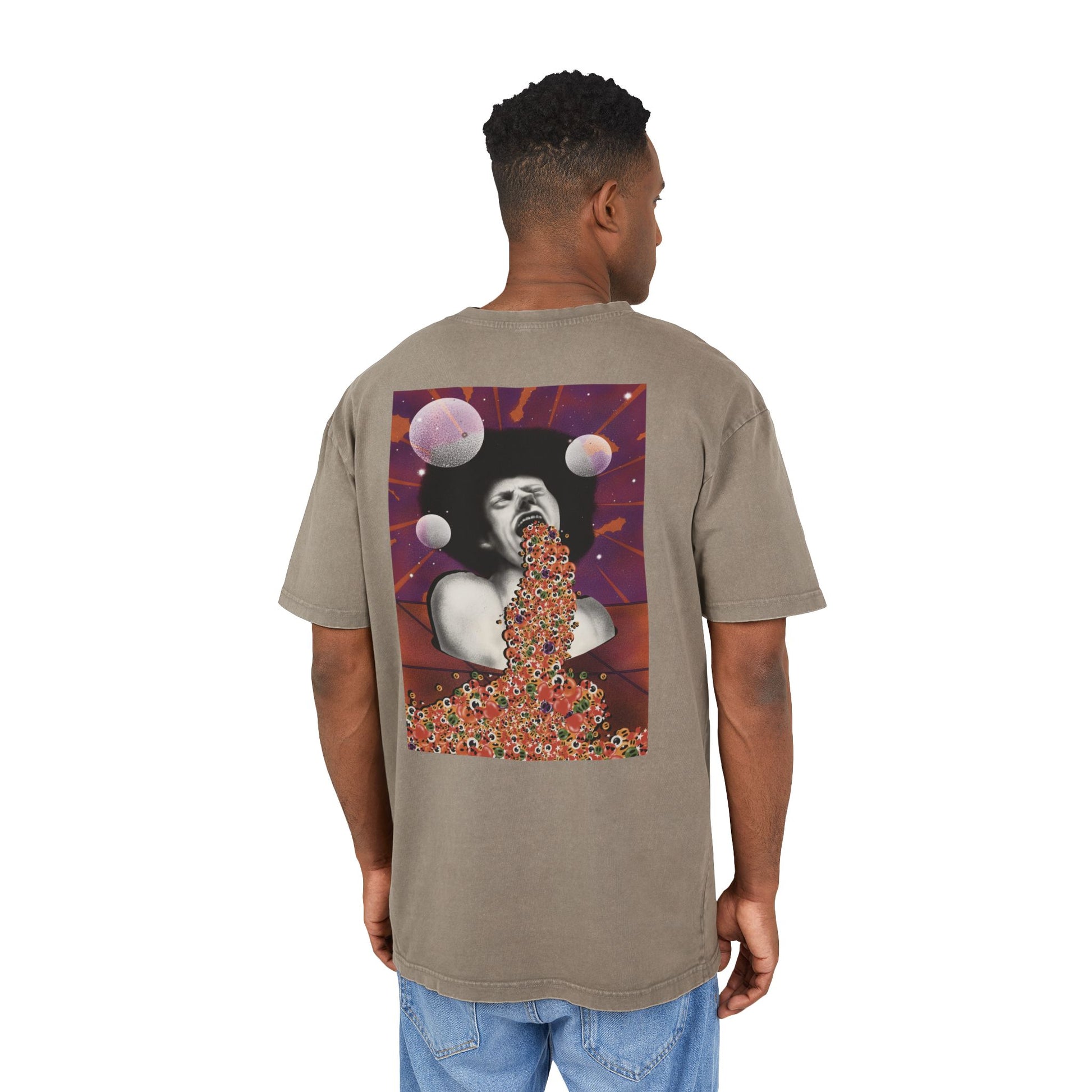 Relaxed oversized T-shirt showcasing an original surreal artwork, designed to stand out with bold graphics and contemporary streetwear style.