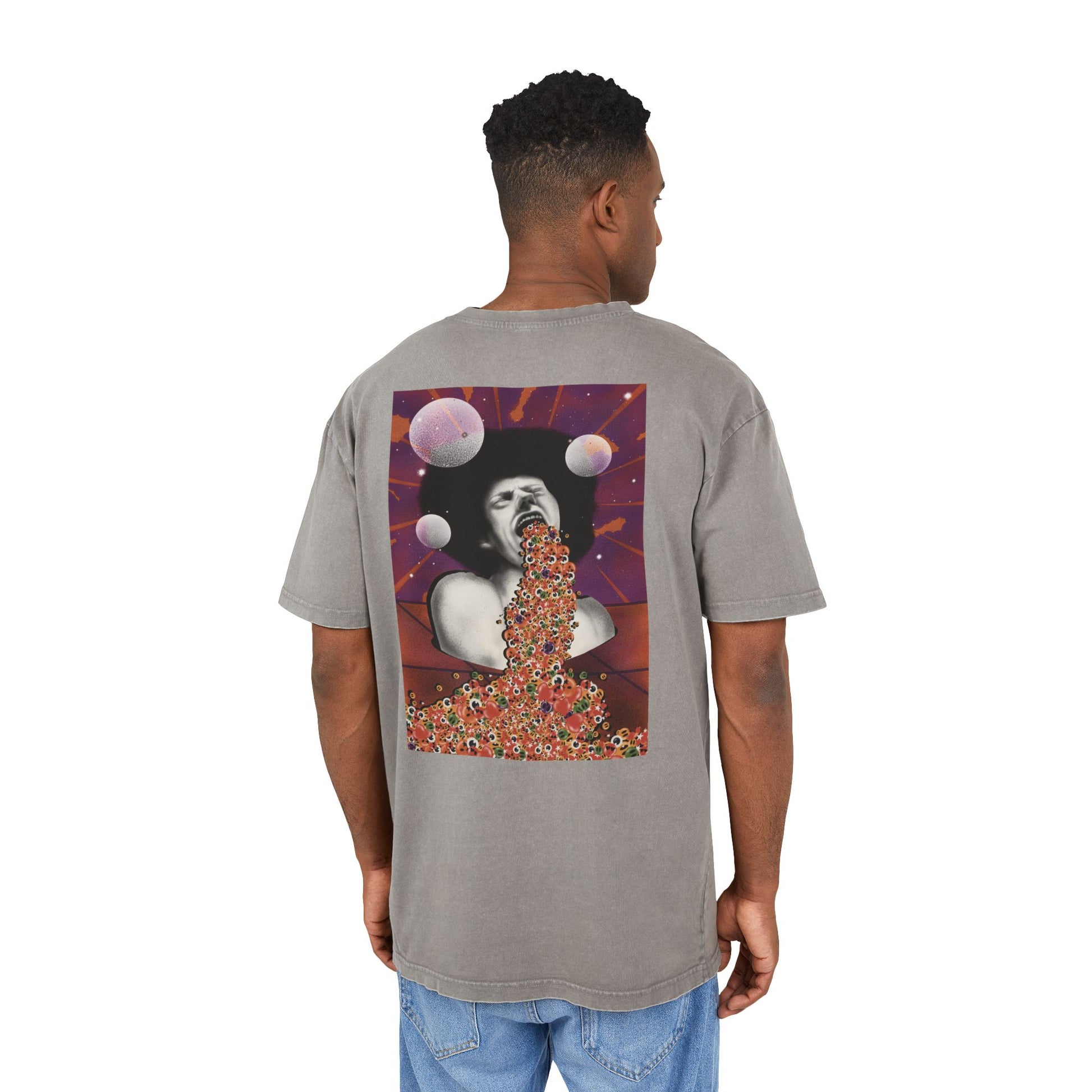 Relaxed oversized T-shirt showcasing an original surreal artwork, designed to stand out with bold graphics and contemporary streetwear style.