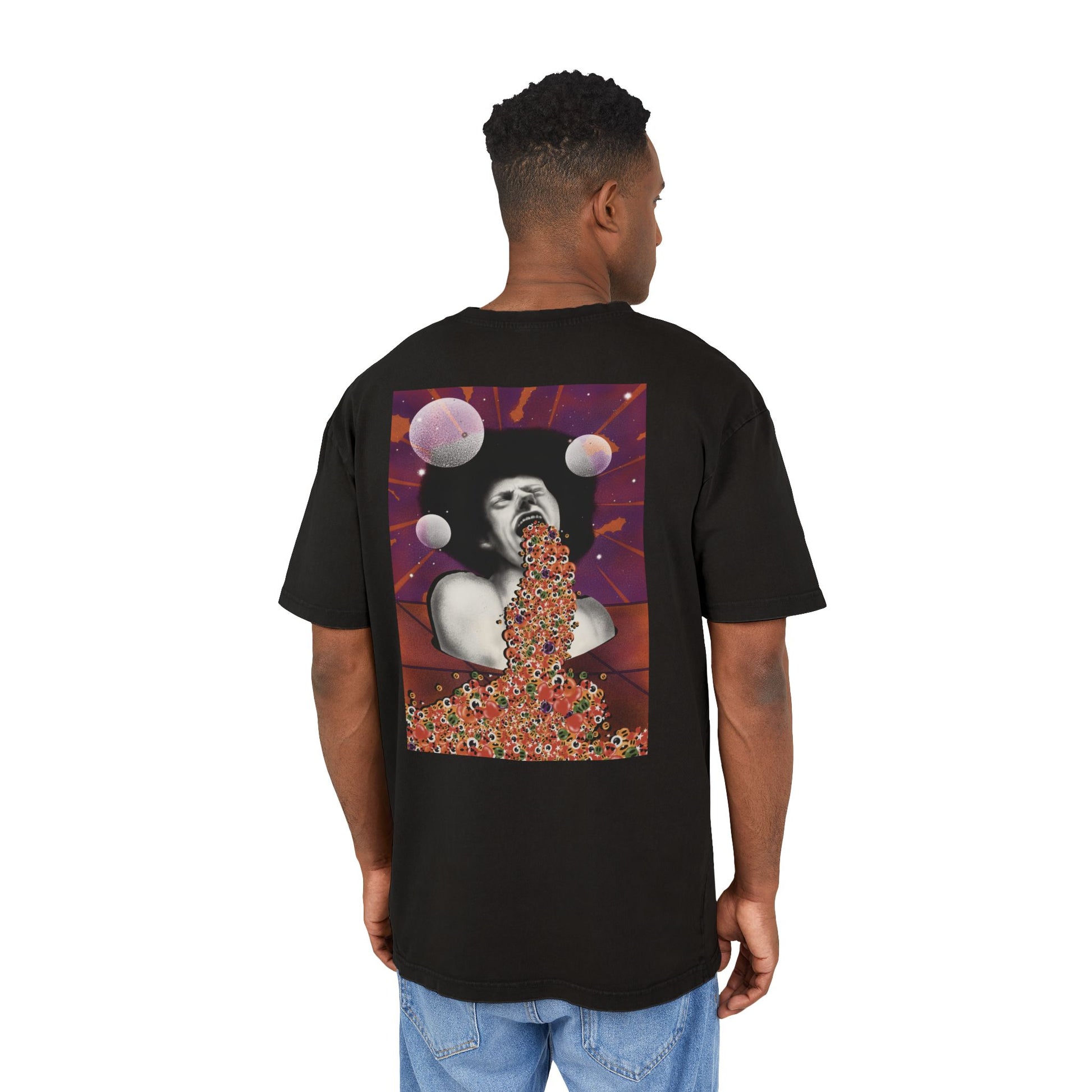 Relaxed oversized T-shirt showcasing an original surreal artwork, designed to stand out with bold graphics and contemporary streetwear style.