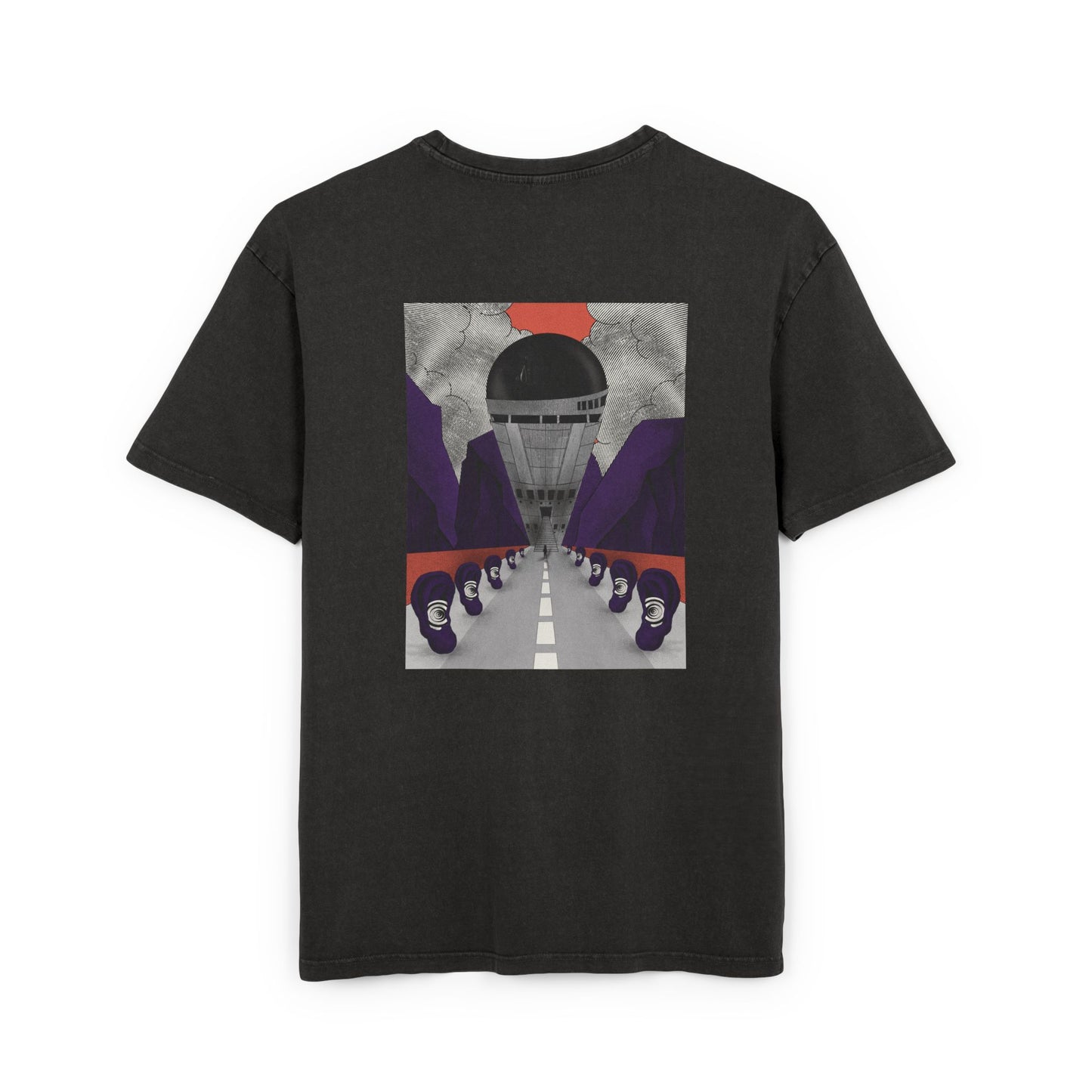 Oversized acid wash T-shirt with retro-futurist psychedelic print, unisex streetwear, handmade artistic design.