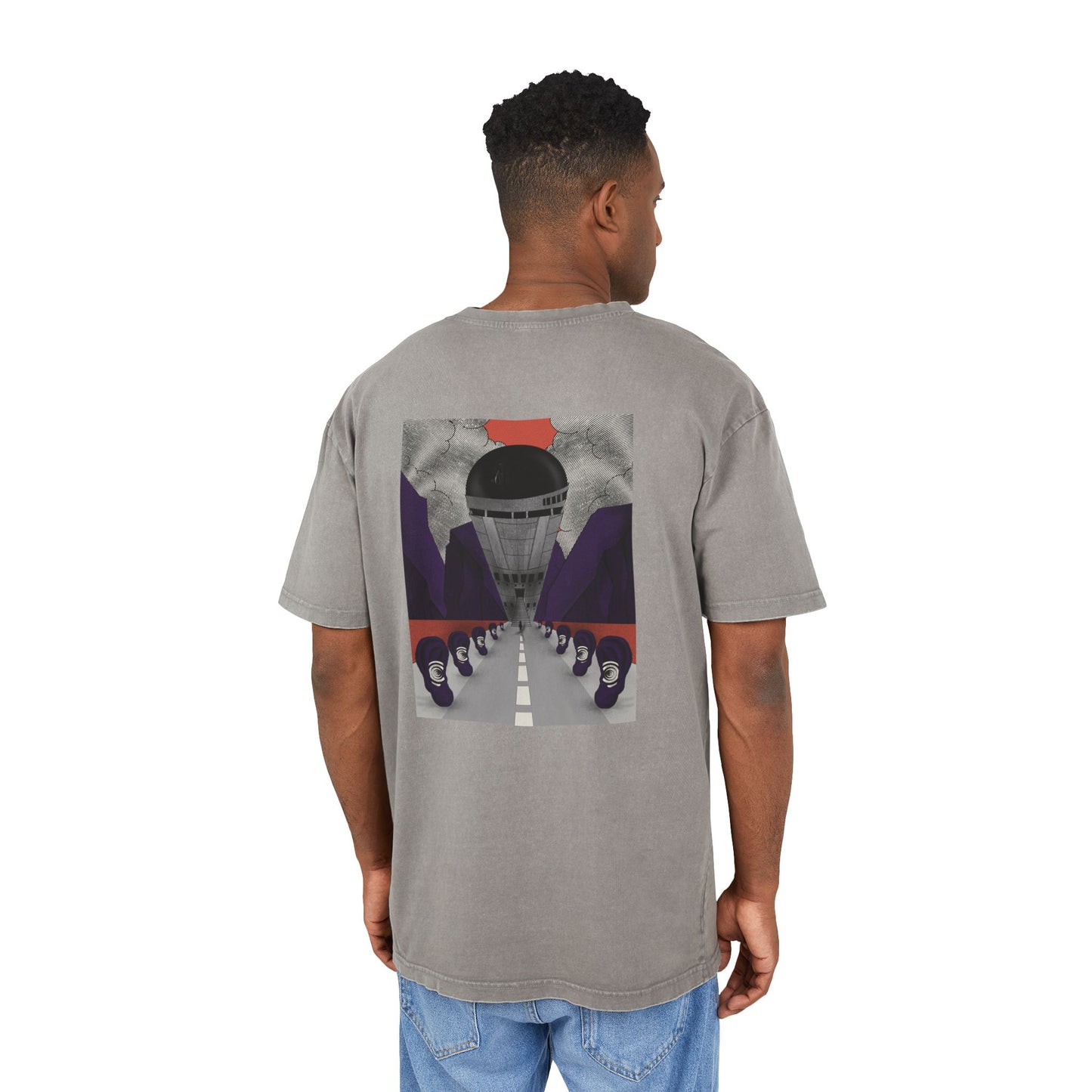 Oversized acid wash T-shirt with retro-futurist psychedelic print, unisex streetwear, handmade artistic design.