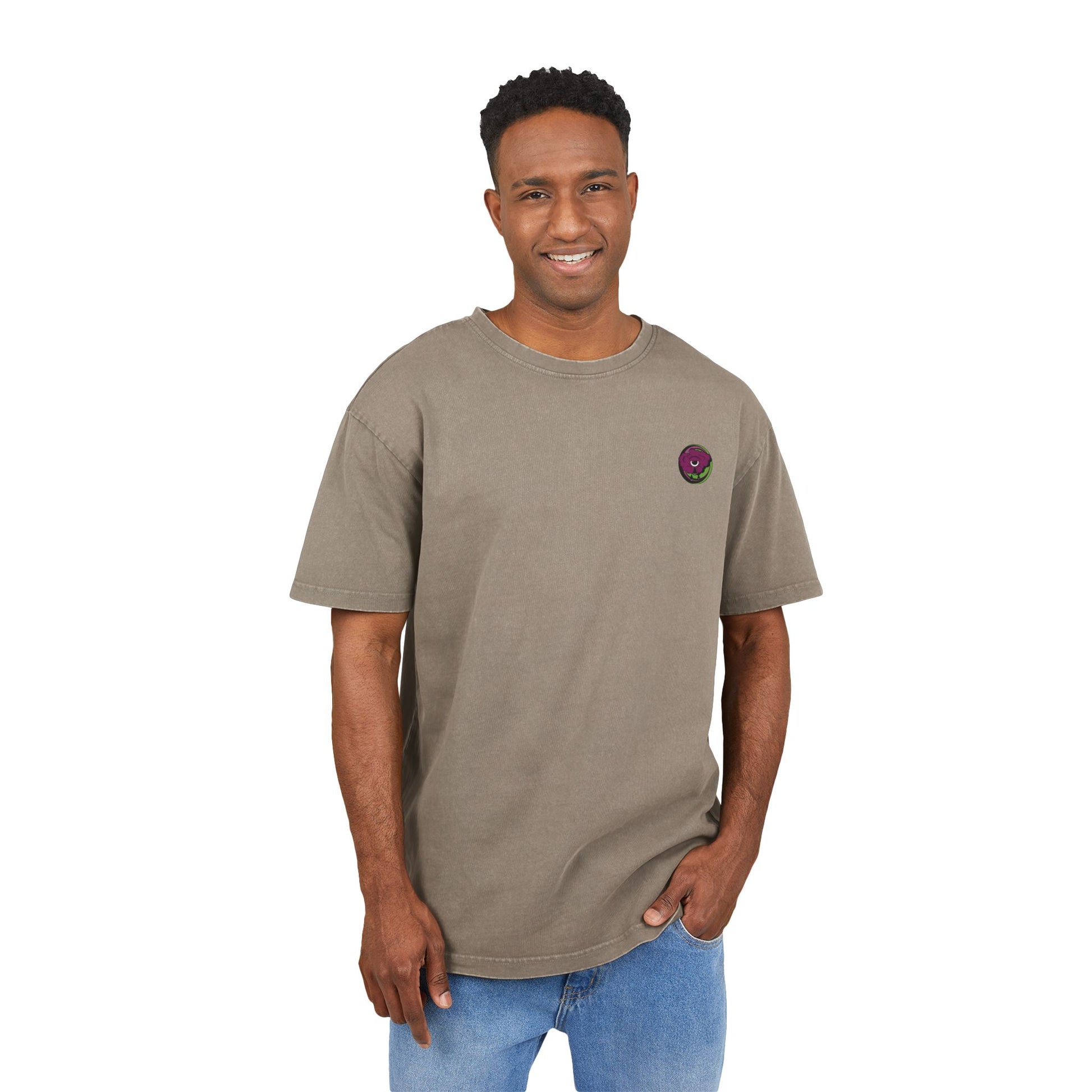 Oversized acid wash T-shirt with retro-futurist psychedelic print, unisex streetwear, handmade artistic design.