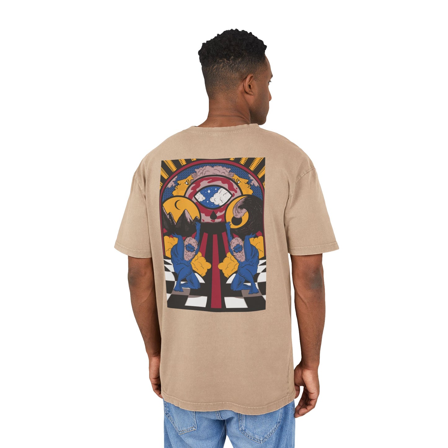 Oversized cotton T-shirt featuring an artisanal surrealist illustration.