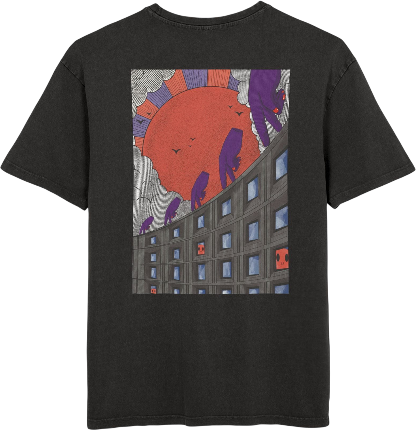 Oversized T-shirt with handcrafted surrealist graphic print on cotton fabric.