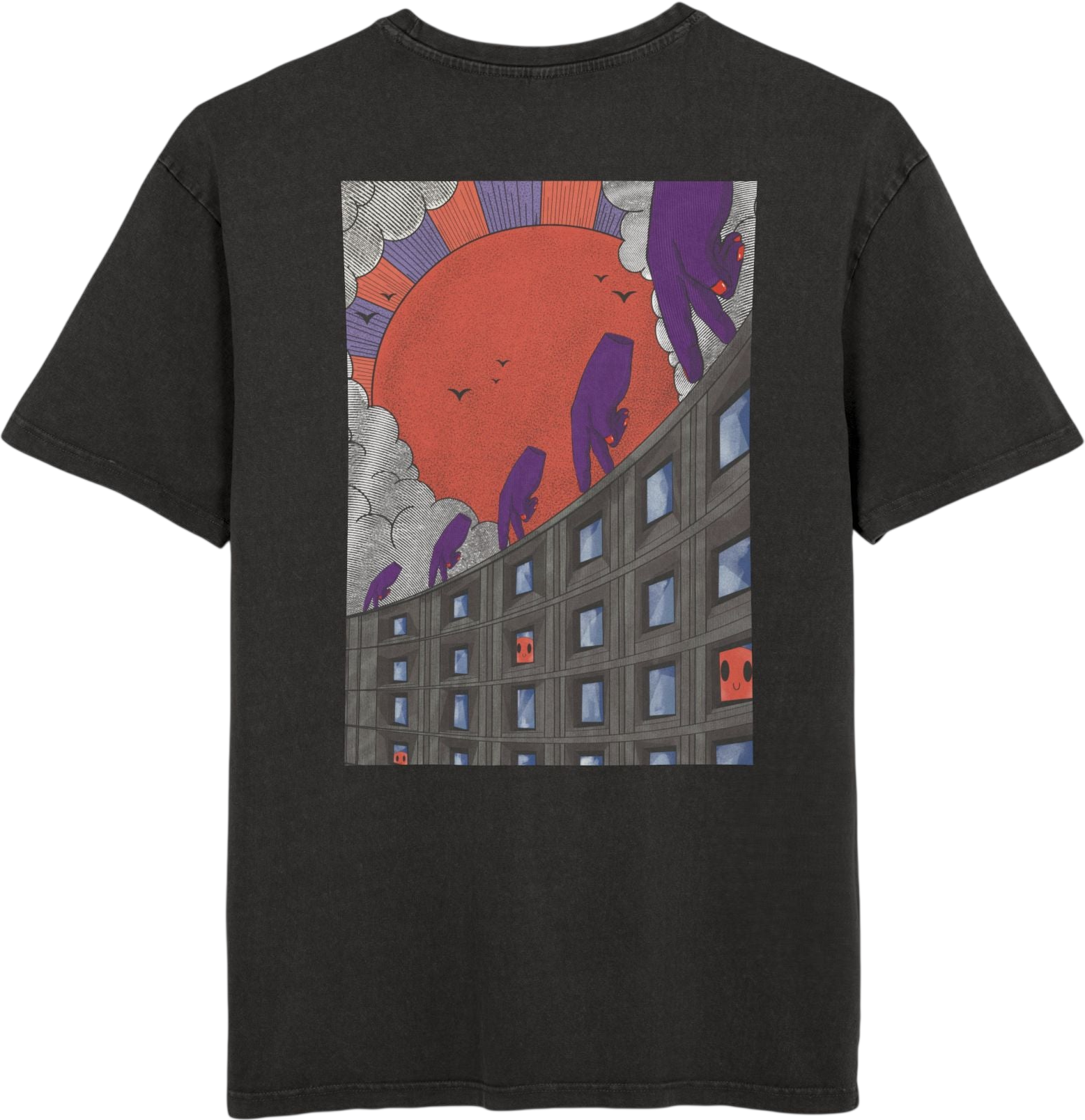 Oversized T-shirt with handcrafted surrealist graphic print on cotton fabric.