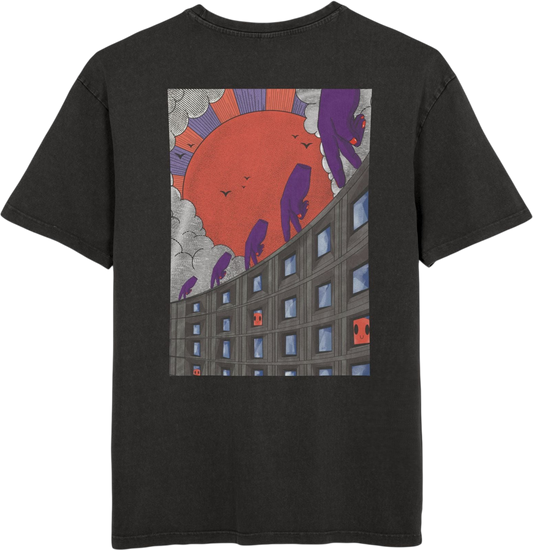Oversized T-shirt with handcrafted surrealist graphic print on cotton fabric.