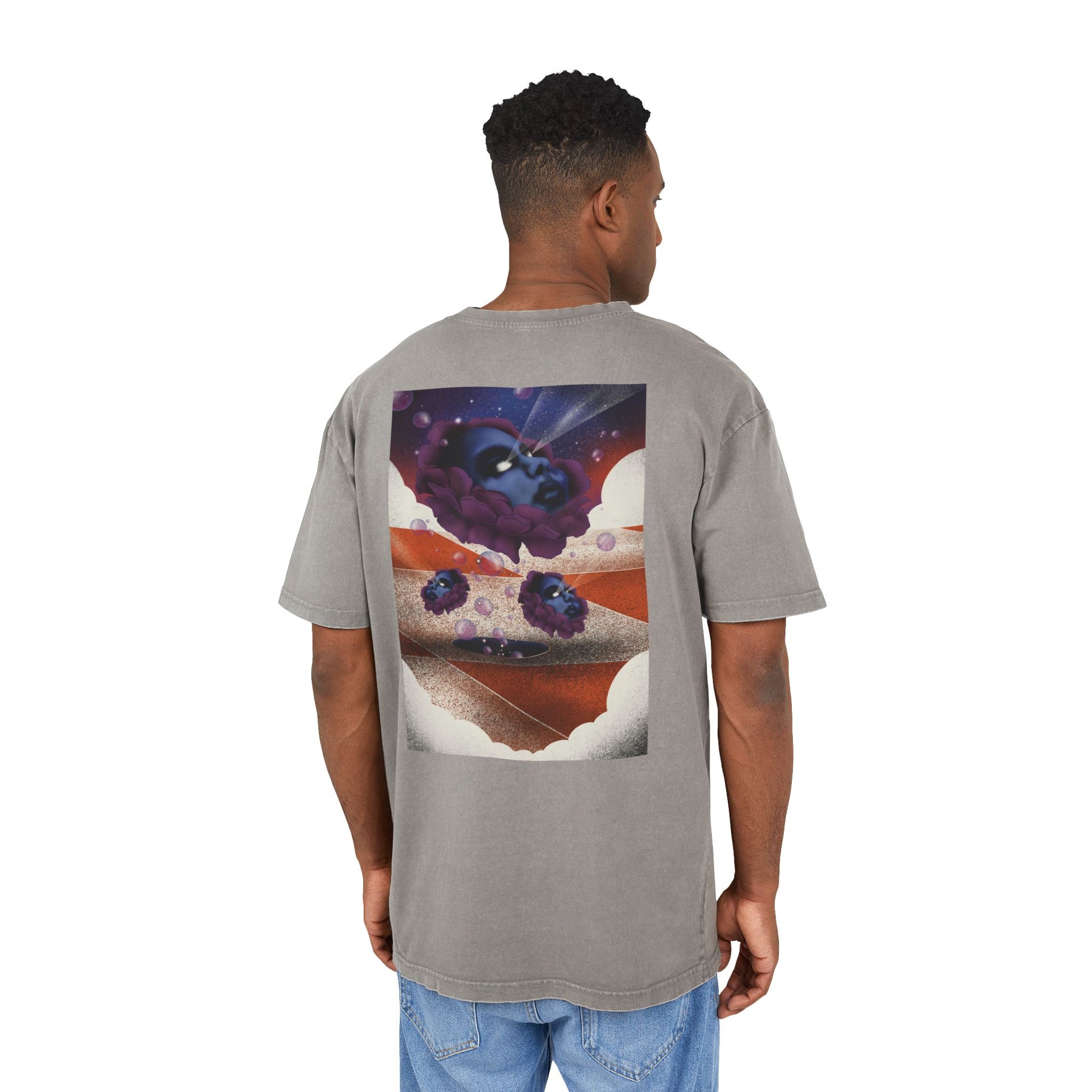 Oversized T-shirt with original surrealist graphic print, featuring bold artistic imagery and a relaxed streetwear fit, designed by the artist for a unique and eye-catching look