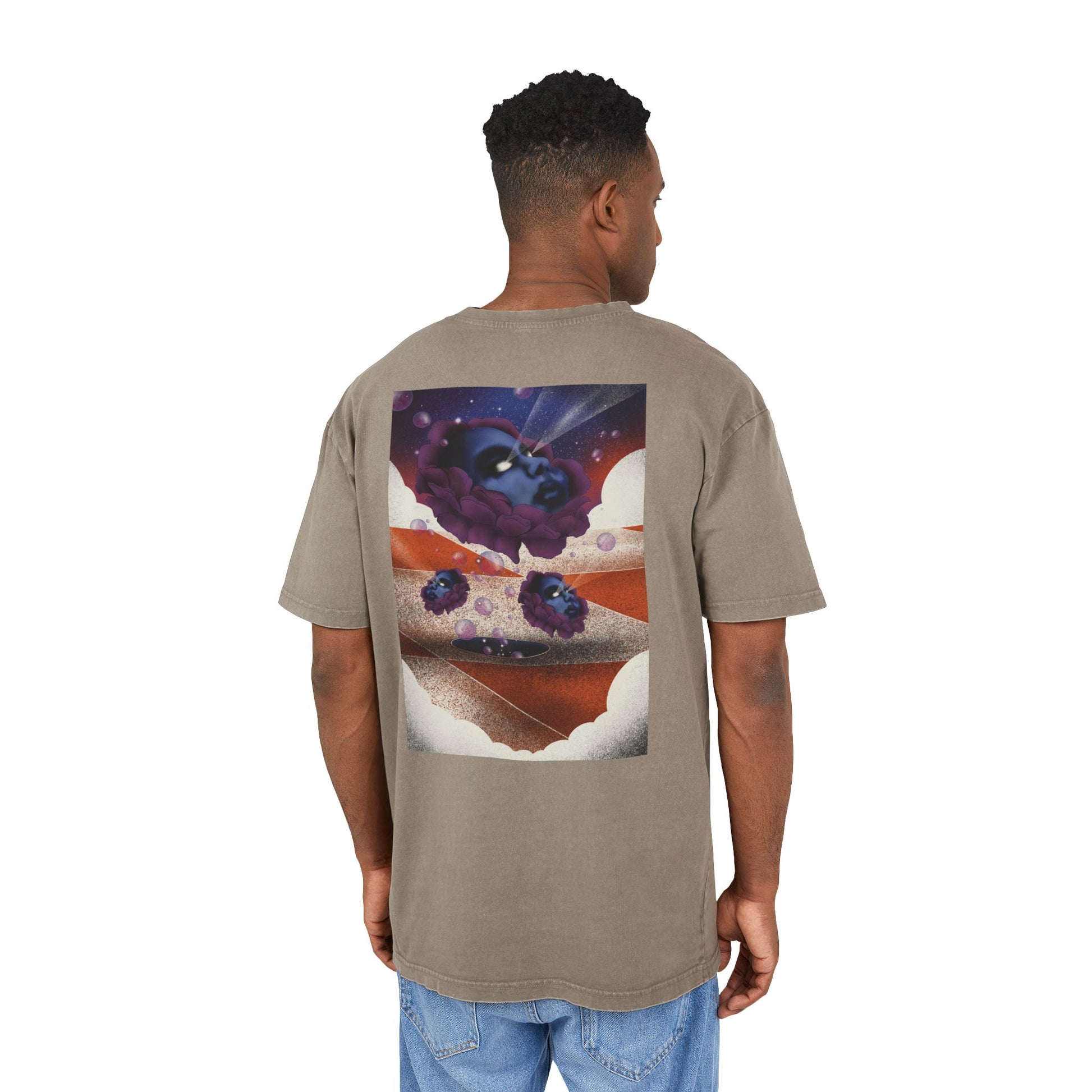 Oversized T-shirt with original surrealist graphic print, featuring bold artistic imagery and a relaxed streetwear fit, designed by the artist for a unique and eye-catching look