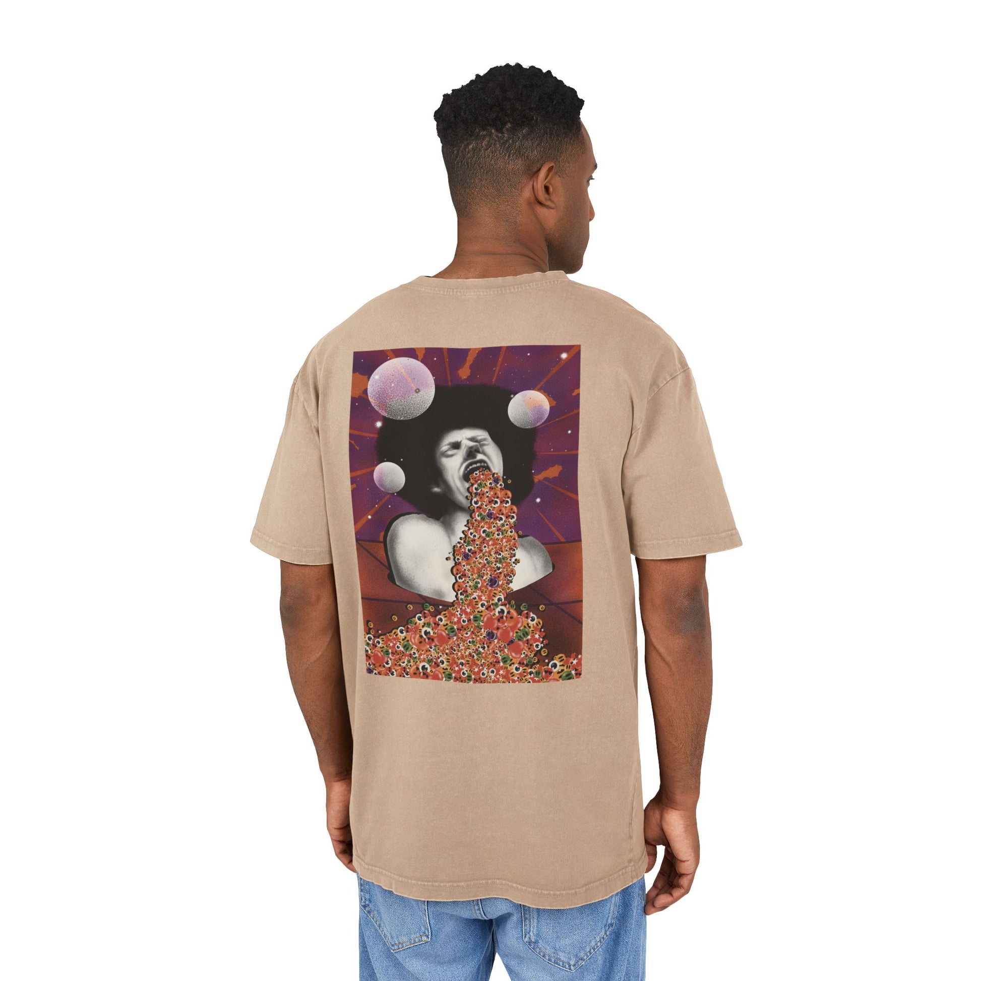 Relaxed oversized T-shirt showcasing an original surreal artwork, designed to stand out with bold graphics and contemporary streetwear style.