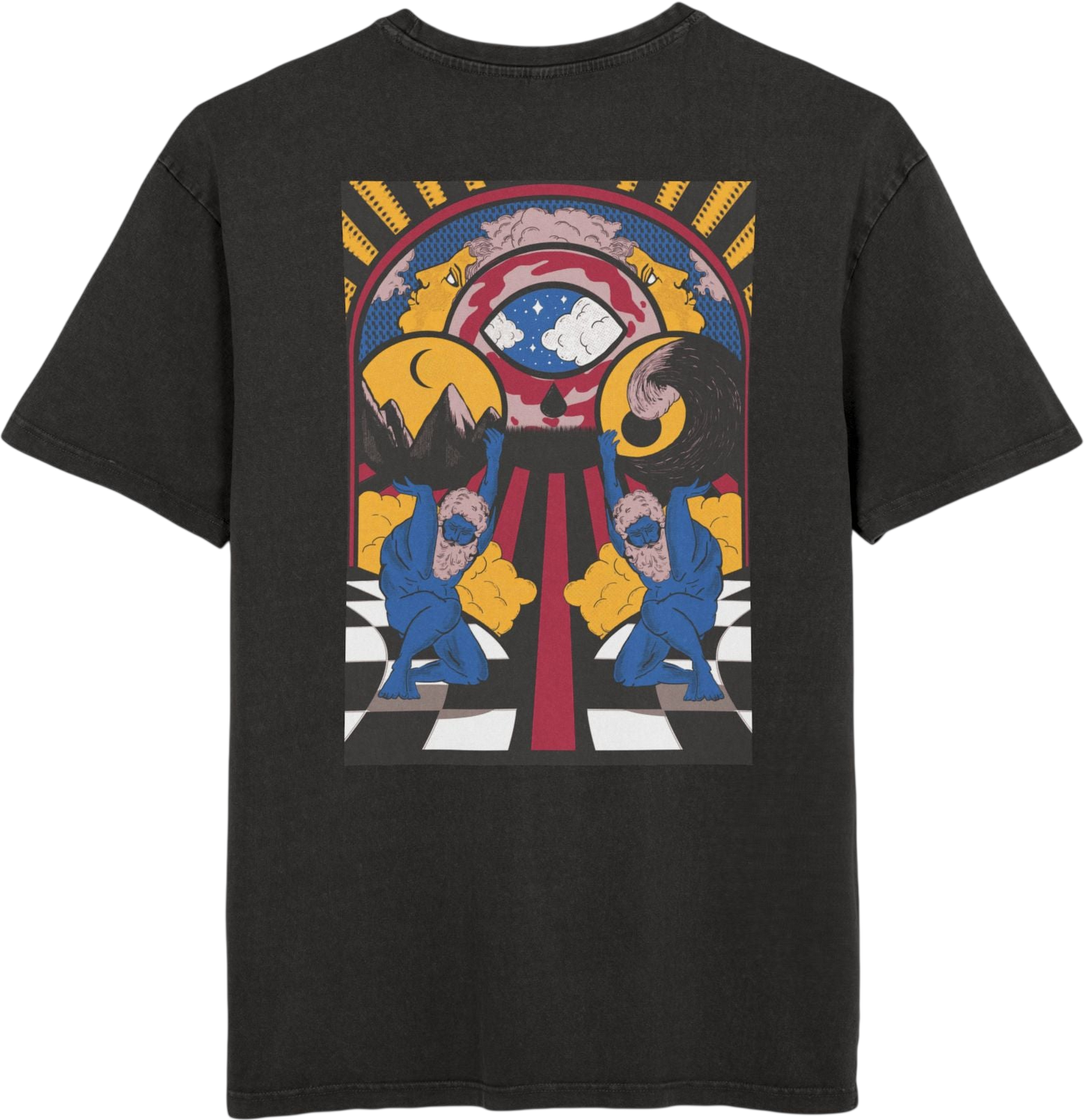 Detail of the surrealist graphic print on oversized T-shirt