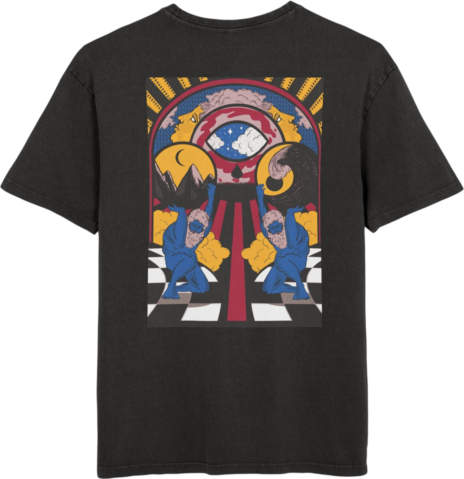 Detail of the surrealist graphic print on oversized T-shirt