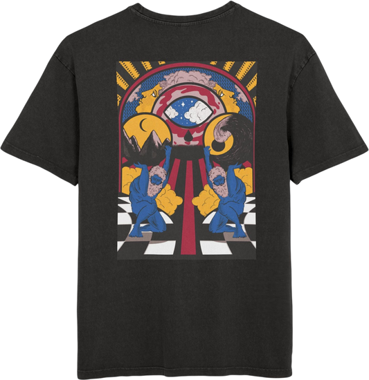 Detail of the surrealist graphic print on oversized T-shirt