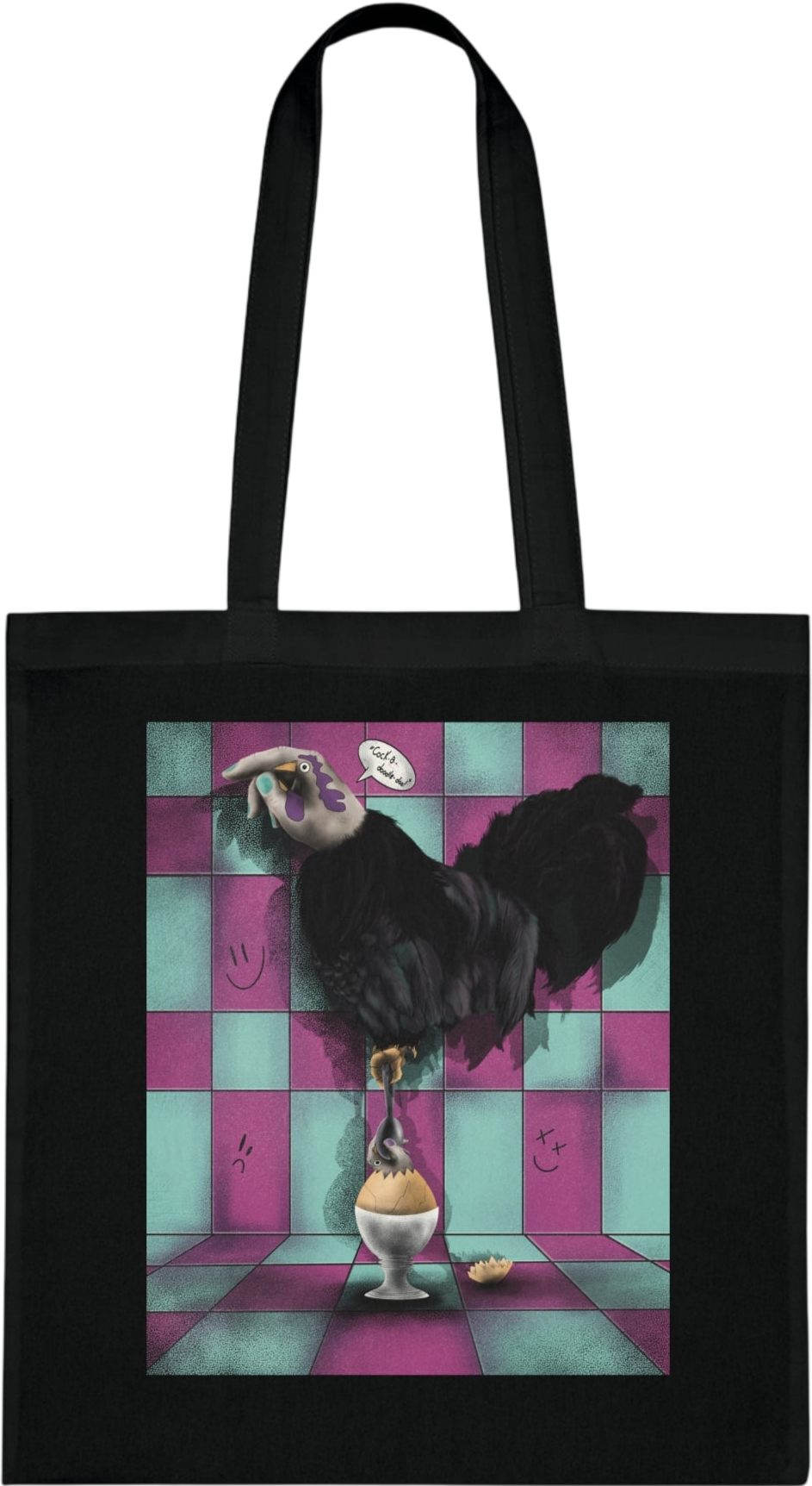 Canvas tote bag with abstract surreal graphic print and bold artistic design for a creative everyday style.