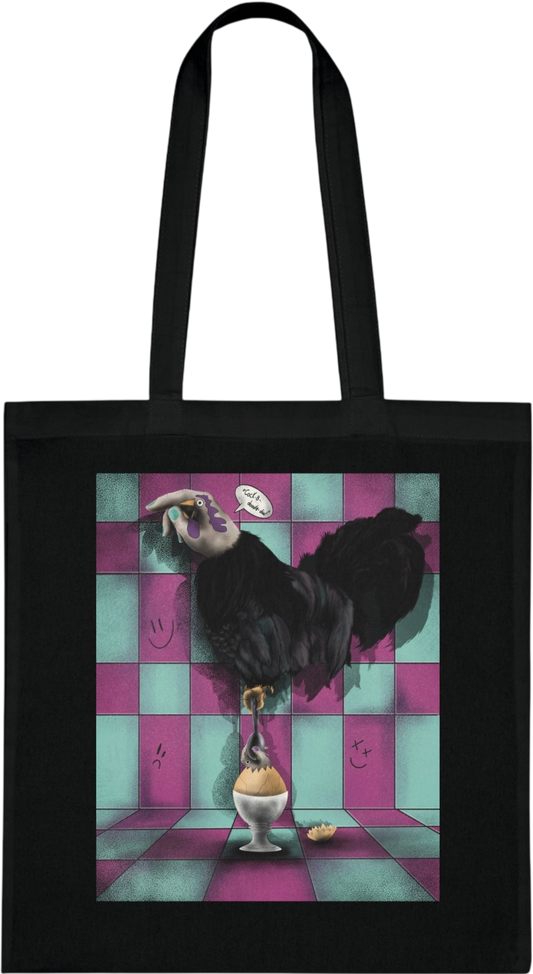 Canvas tote bag with abstract surreal graphic print and bold artistic design for a creative everyday style.