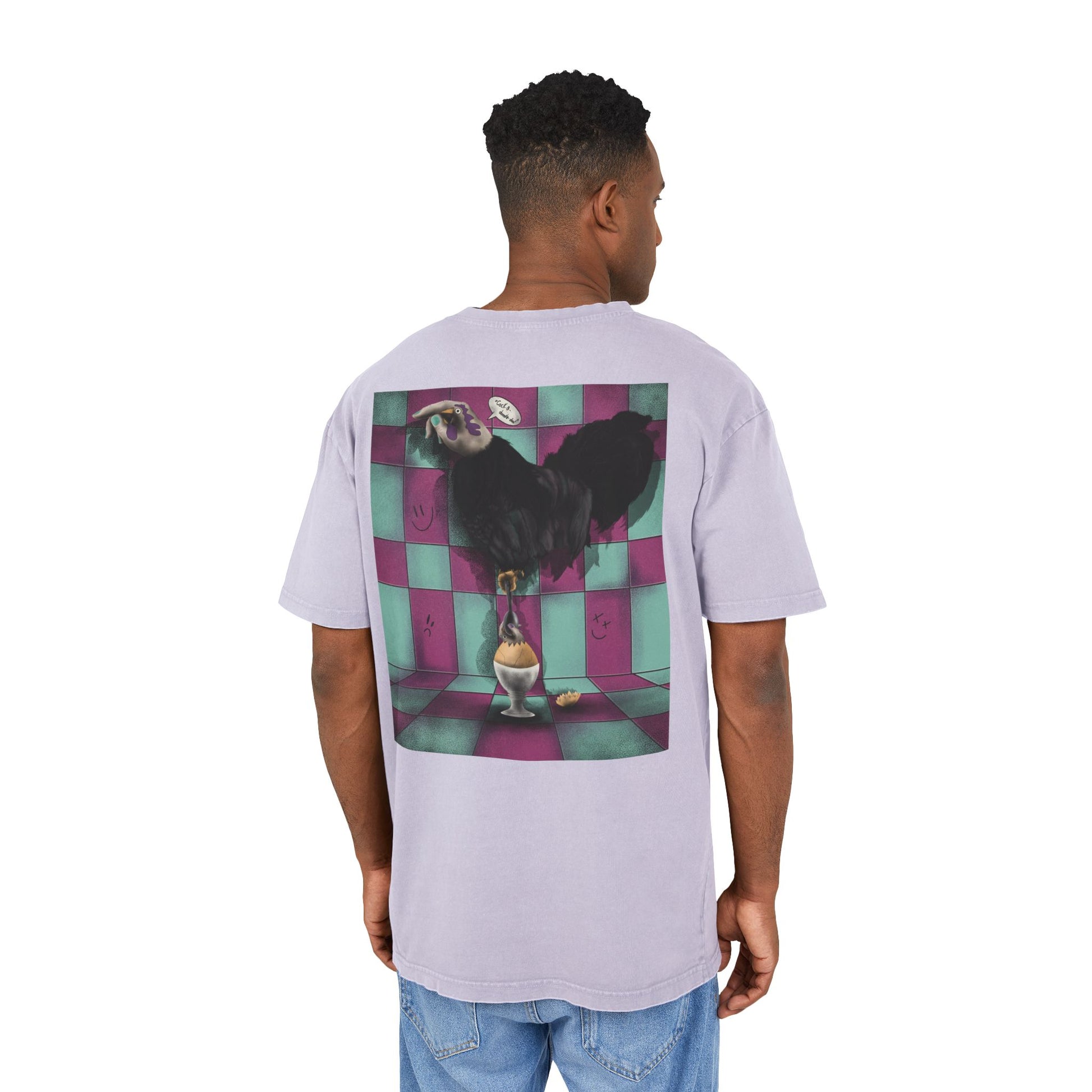 Oversized T-shirt with original surrealist graphic print, featuring bold artistic imagery and a relaxed streetwear fit, designed by the artist for a unique and eye-catching look