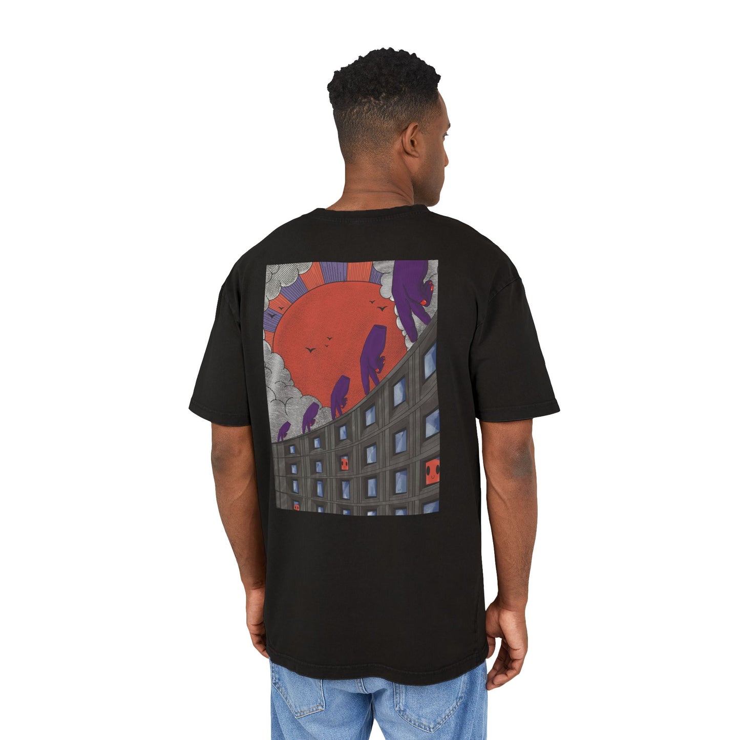 Oversized T-shirt with handcrafted surrealist graphic print on cotton fabric.