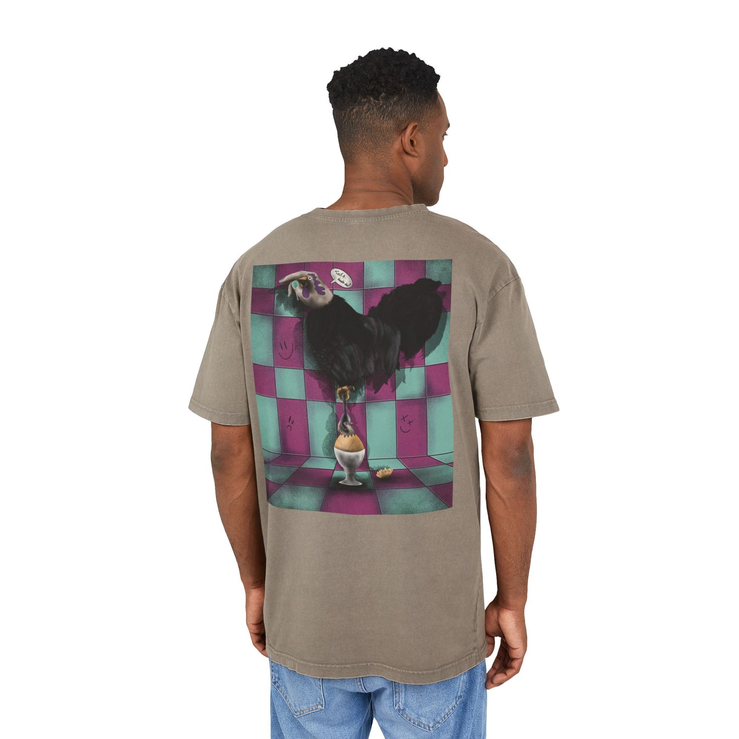 Oversized T-shirt with original surrealist graphic print, featuring bold artistic imagery and a relaxed streetwear fit, designed by the artist for a unique and eye-catching look