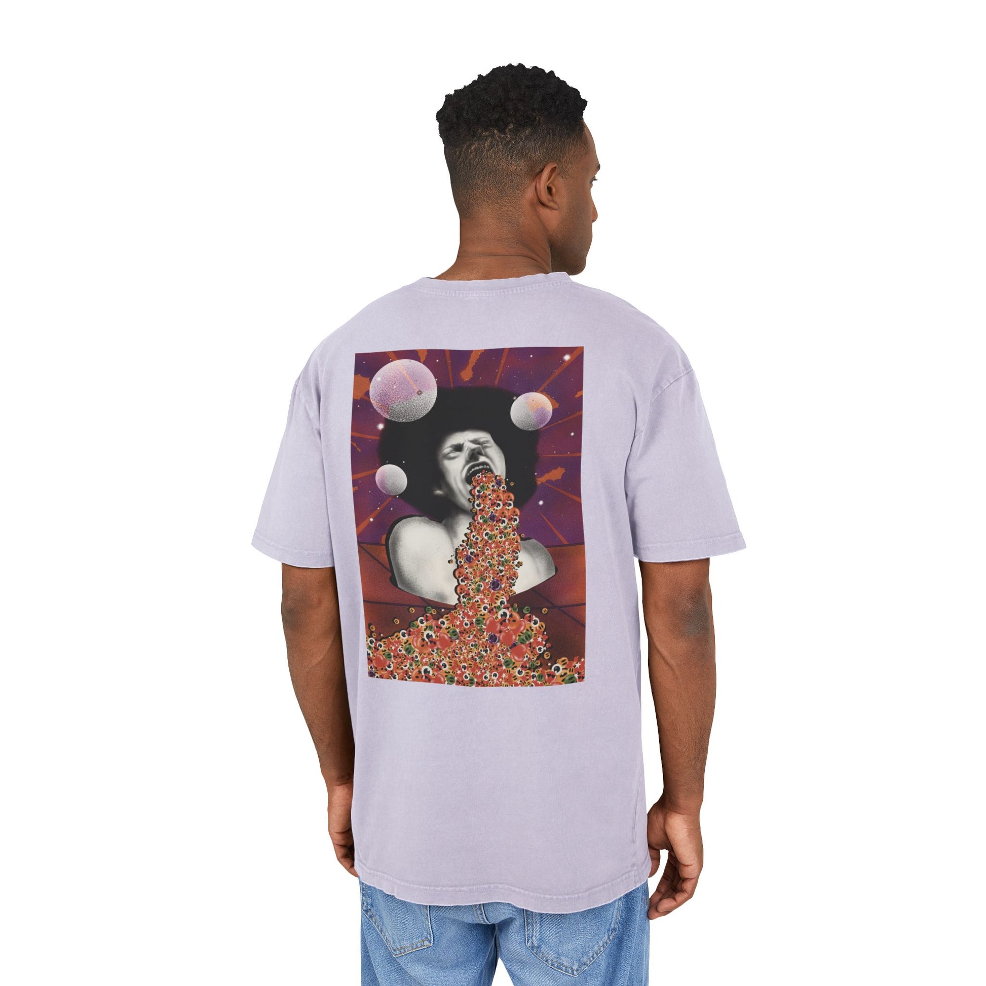 Relaxed oversized T-shirt showcasing an original surreal artwork, designed to stand out with bold graphics and contemporary streetwear style.