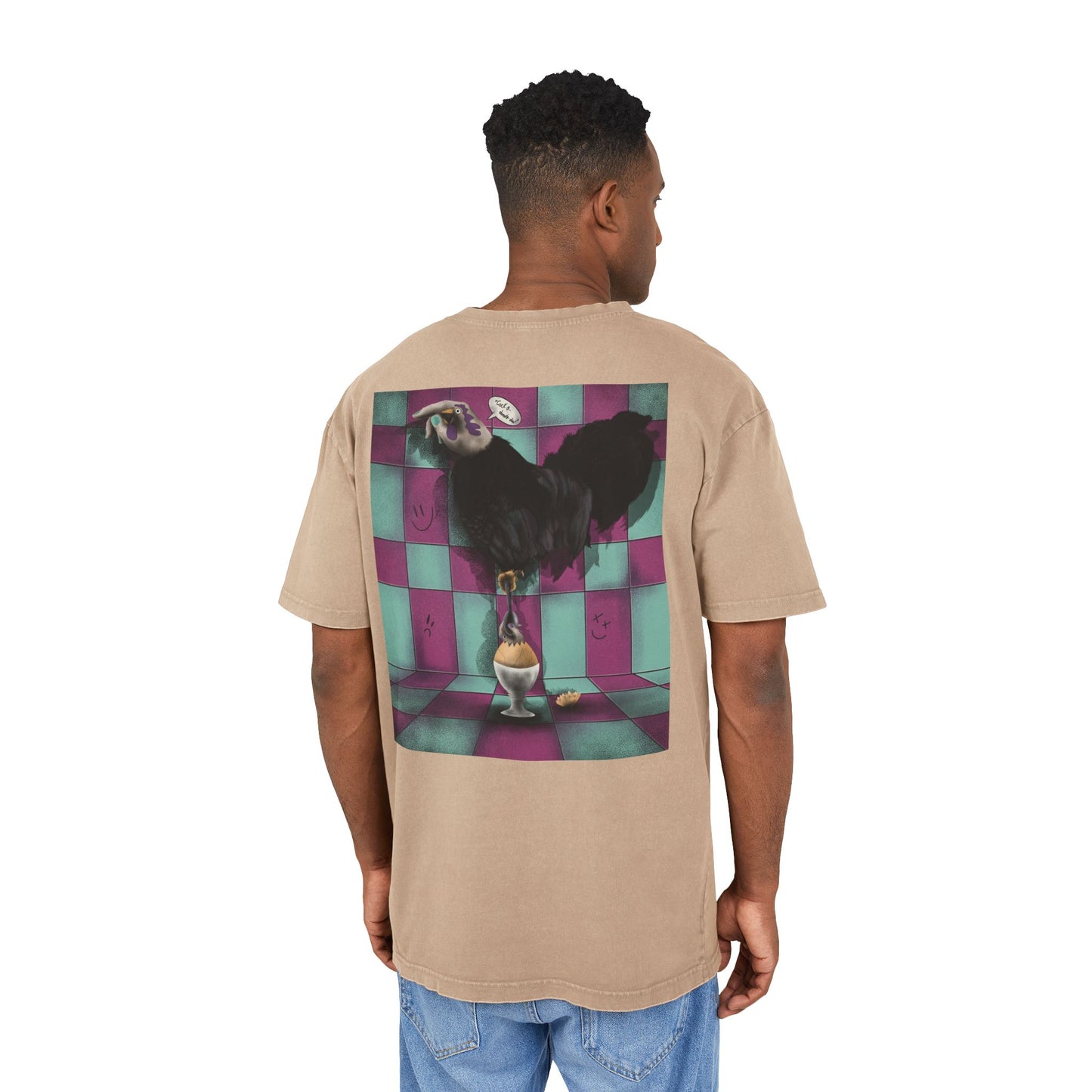 Oversized T-shirt with original surrealist graphic print, featuring bold artistic imagery and a relaxed streetwear fit, designed by the artist for a unique and eye-catching look