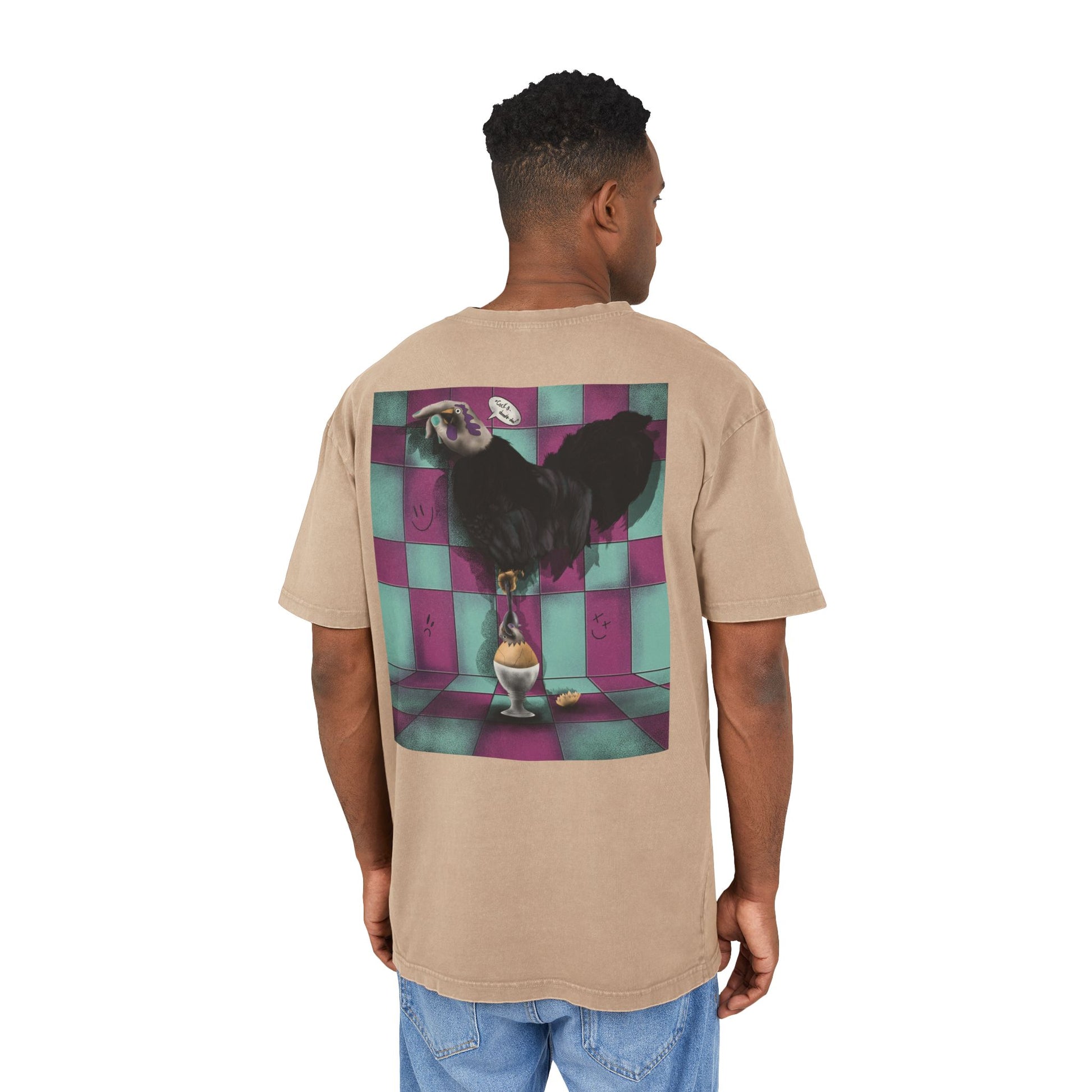 Oversized T-shirt with original surrealist graphic print, featuring bold artistic imagery and a relaxed streetwear fit, designed by the artist for a unique and eye-catching look