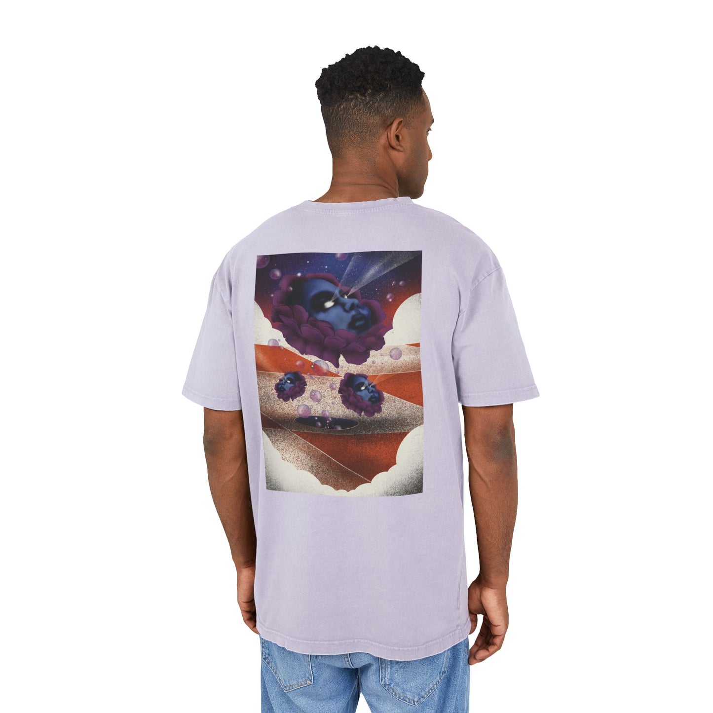 Oversized T-shirt with original surrealist graphic print, featuring bold artistic imagery and a relaxed streetwear fit, designed by the artist for a unique and eye-catching look