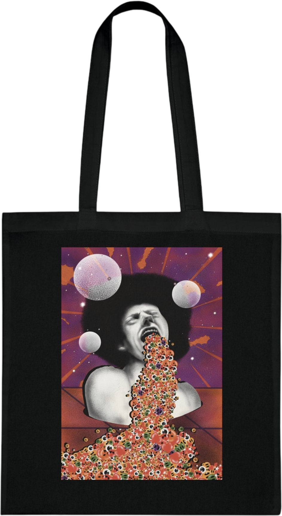 Canvas tote bag featuring abstract and surreal graphic artwork with a bold artistic design
