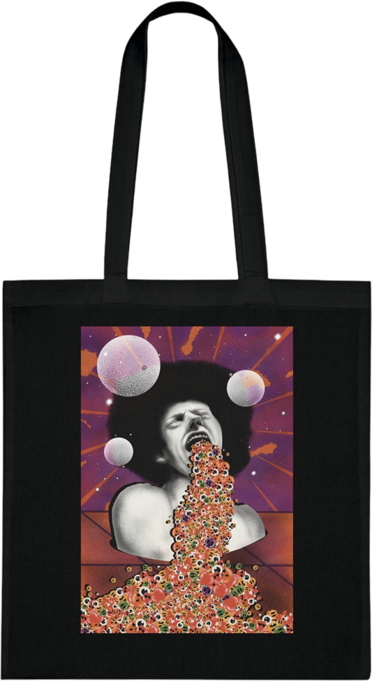 Canvas tote bag featuring abstract and surreal graphic artwork with a bold artistic design