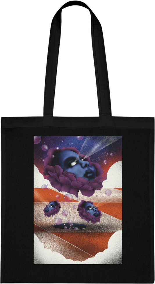 Tote bag with abstract surreal graphic print, featuring imaginative and artistic design.